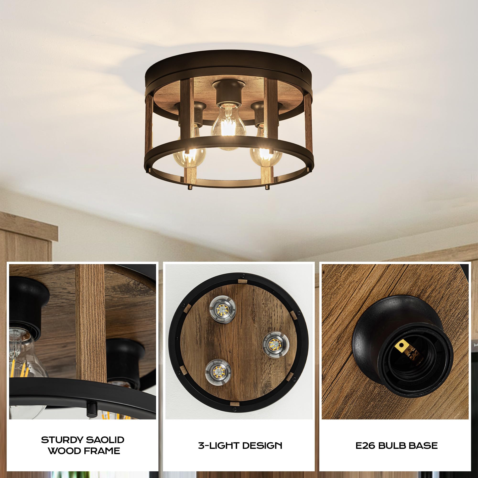 Mayna 3-Light Retro Farmhouse Flush Mount Round Vintage Metal And Wood Ceiling Light Fixtures, Rustic Ceiling Lamp For Kitchen,