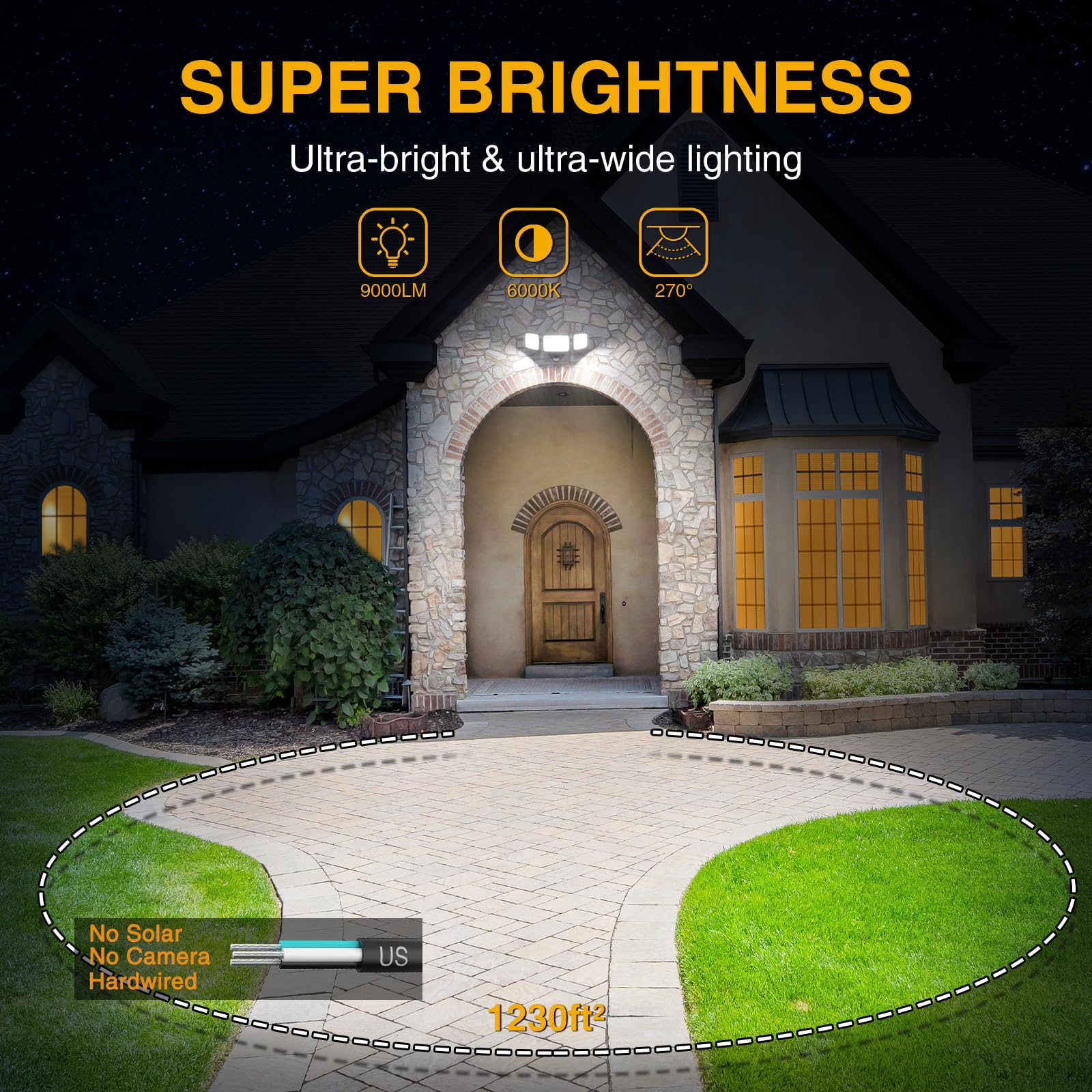 Onforu 100W LED Security Light - 9000lm Motion Sensor Floodlight, IP65 Waterproof, 3 Heads, Brown, Model BDD100G-3