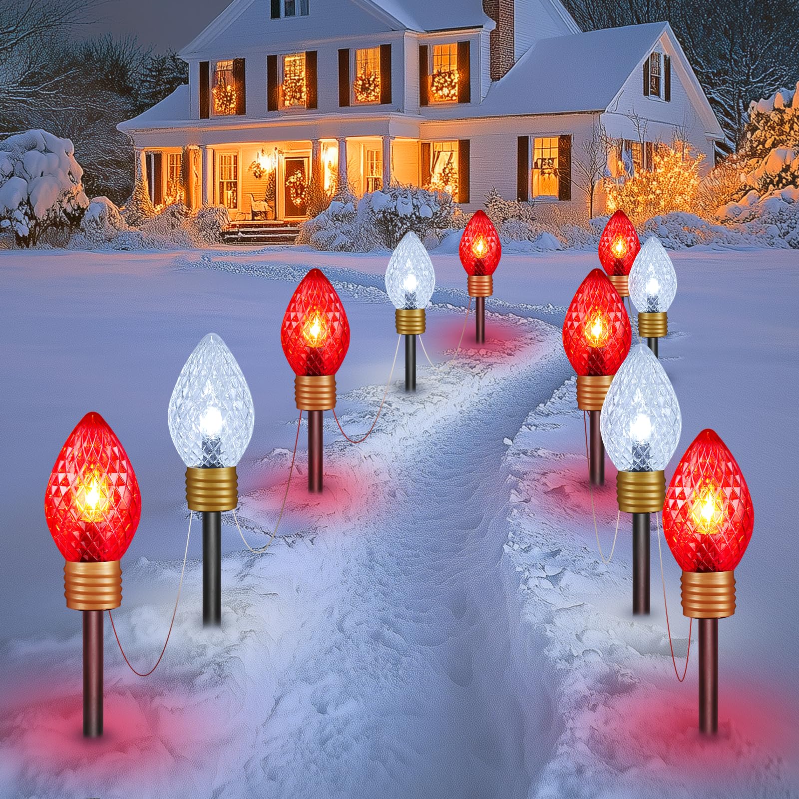 Moonflor Strawberry Jumbo C9 Christmas Lights Outdoor - 2 Pack Total 17FT 10 LED Jumbo C9 Christmas Pathway Lights Outdoor, C9 Walkway Lights, Christmas Decoration for Outside Lawn, Red & Pure White