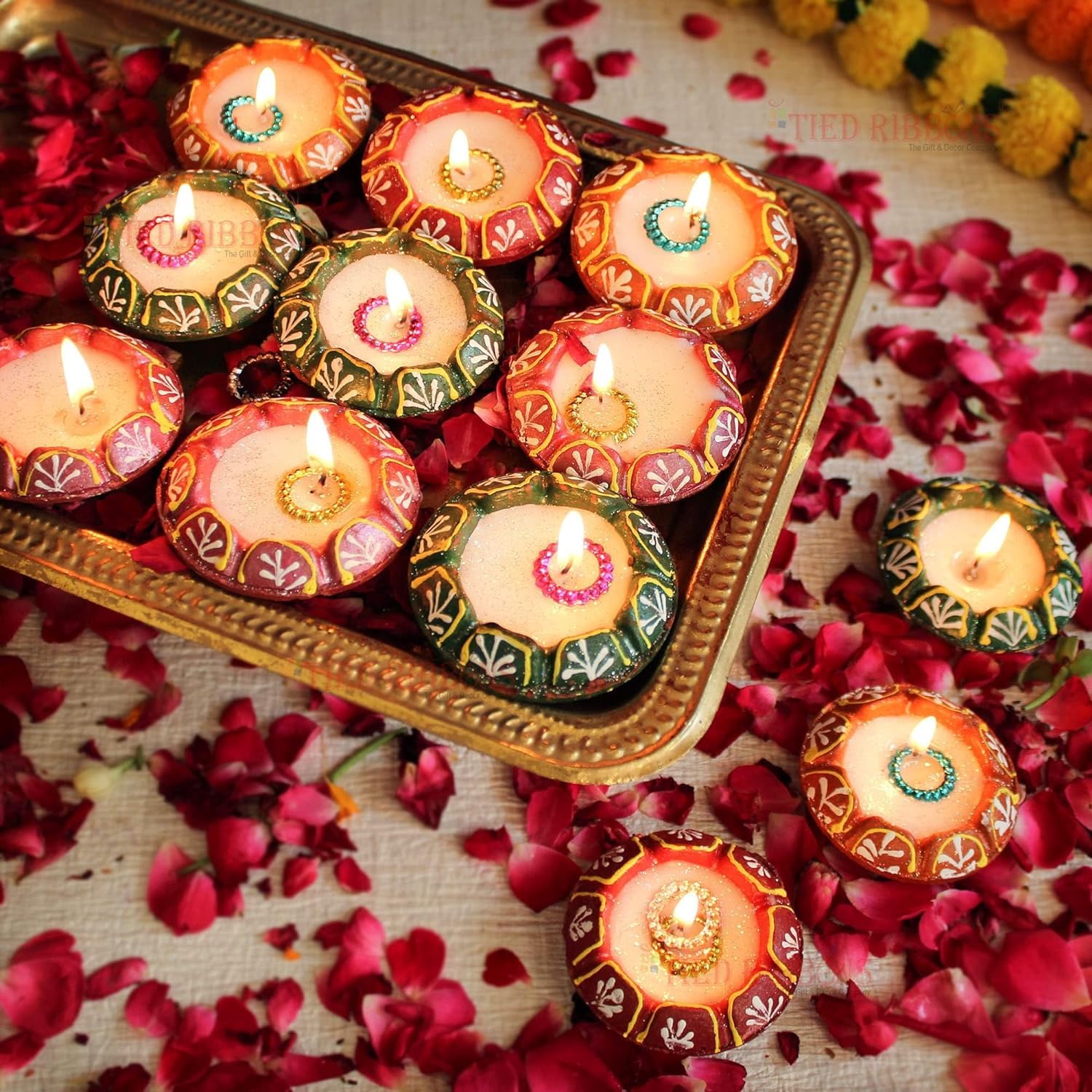TIED RIBBONS Decorative Handmade Clay Wax Filled Diyas Earthen Diya Deepak (Set of 12) for Diwali Decoration Puja Pooja Room Off