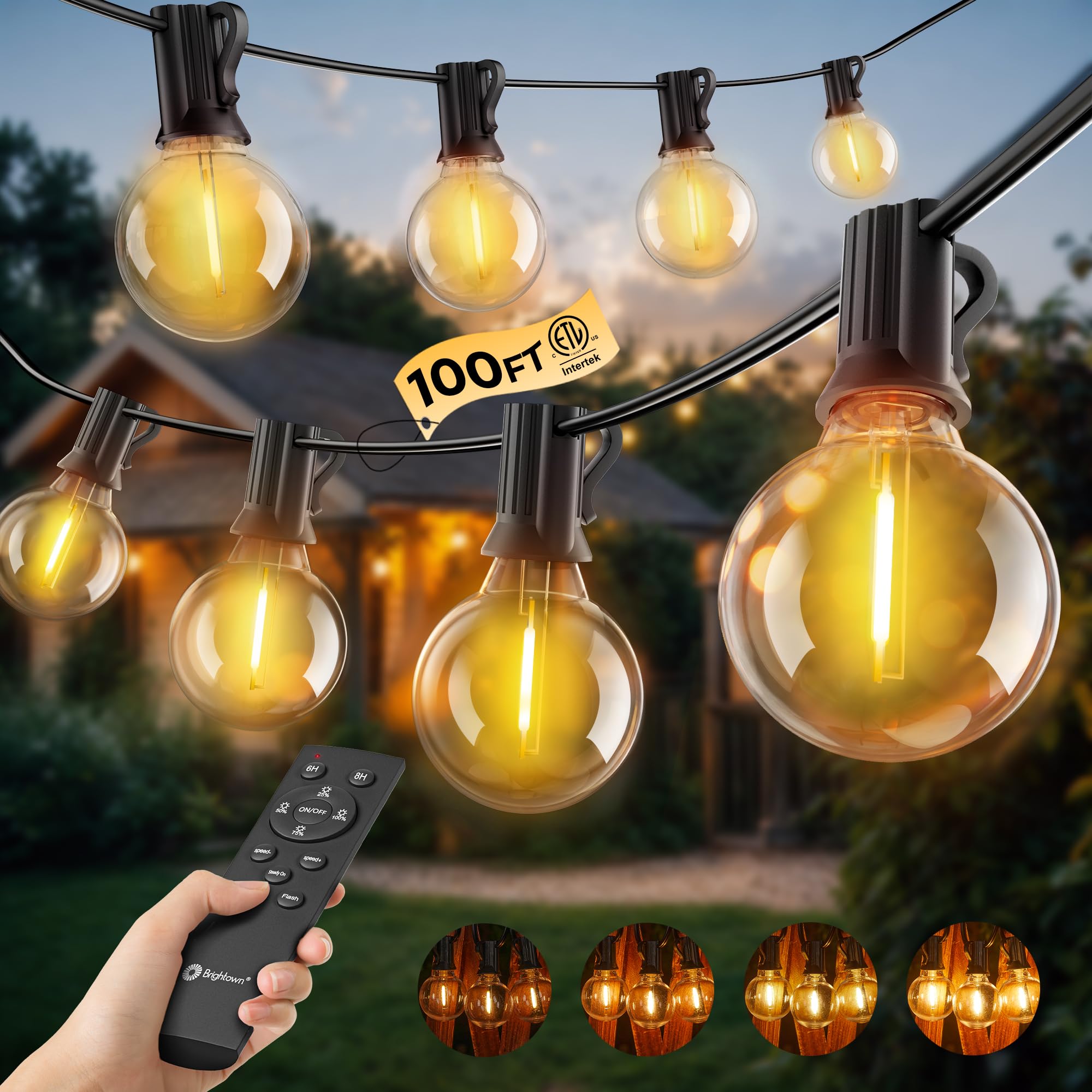 Outdoor String Lights with Remote  100Ft Outside Waterproof Light with Dimmable G40 LED Bulbs  Shatterproof Connectable Hanging Patio Lights for Porch  Backyard  Bistro  Deck  Balcony  Home Decor