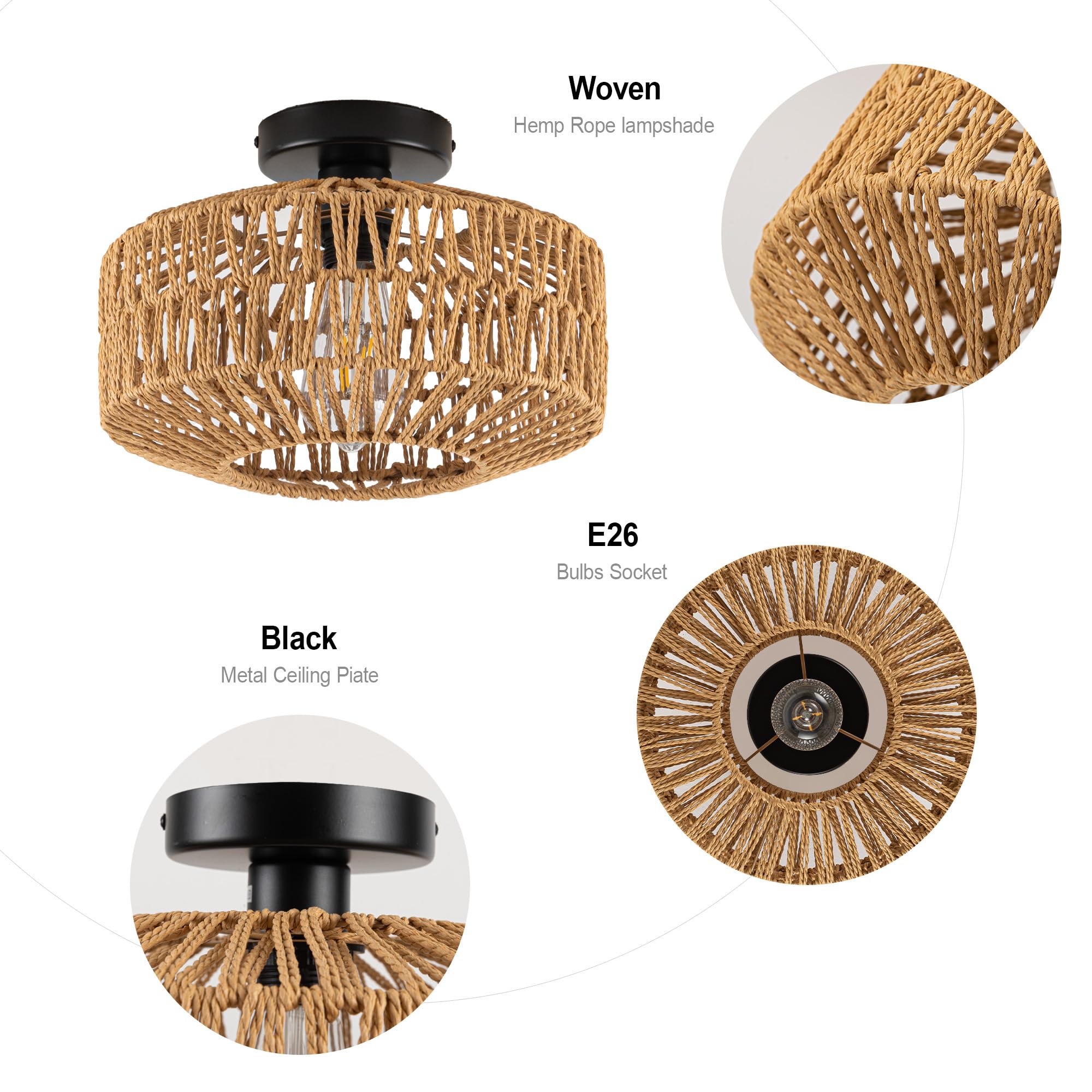 Mayna 3-Light Boho Light Fixtures Ceiling Mount, Hand-Woven Chandelier Light Fixture,Farmhouse Rattan Flush Mount Ceiling Light