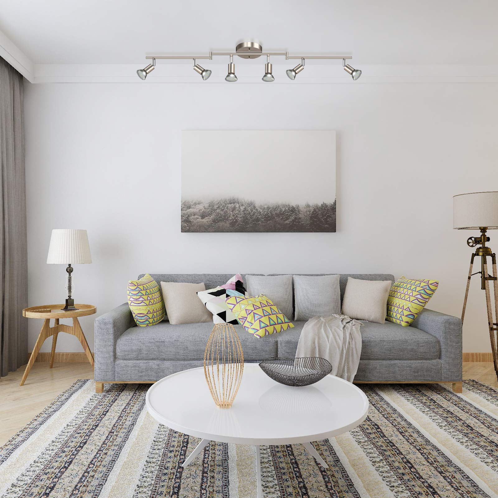 Ascher 6-Light Led Track Lighting Kit, Flexibly Rotatable Light Heads, 6 Way Ceiling Spotlight Matt Nickel Finish, Including 6 G