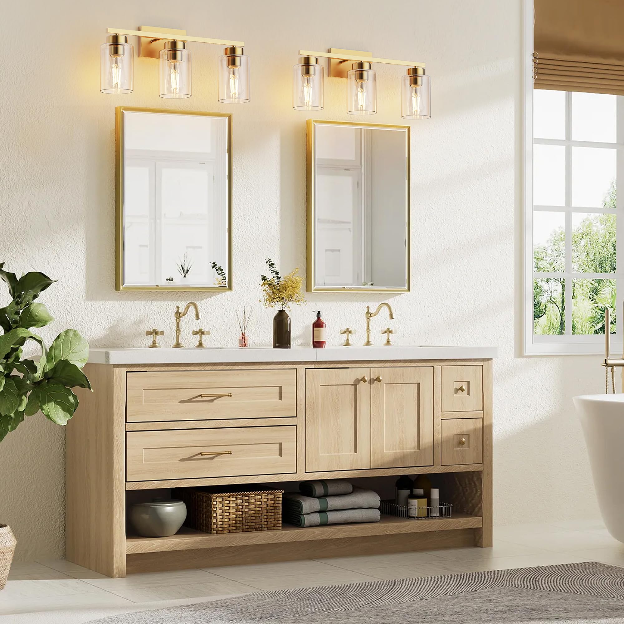 Partphoner 3-Light Bathroom Light Fixtures  Brushed Gold Vanity Light With Clear Glass Shade  Modern Wall Sconce For Mirror Bedroom Living Room Hallway Lighting