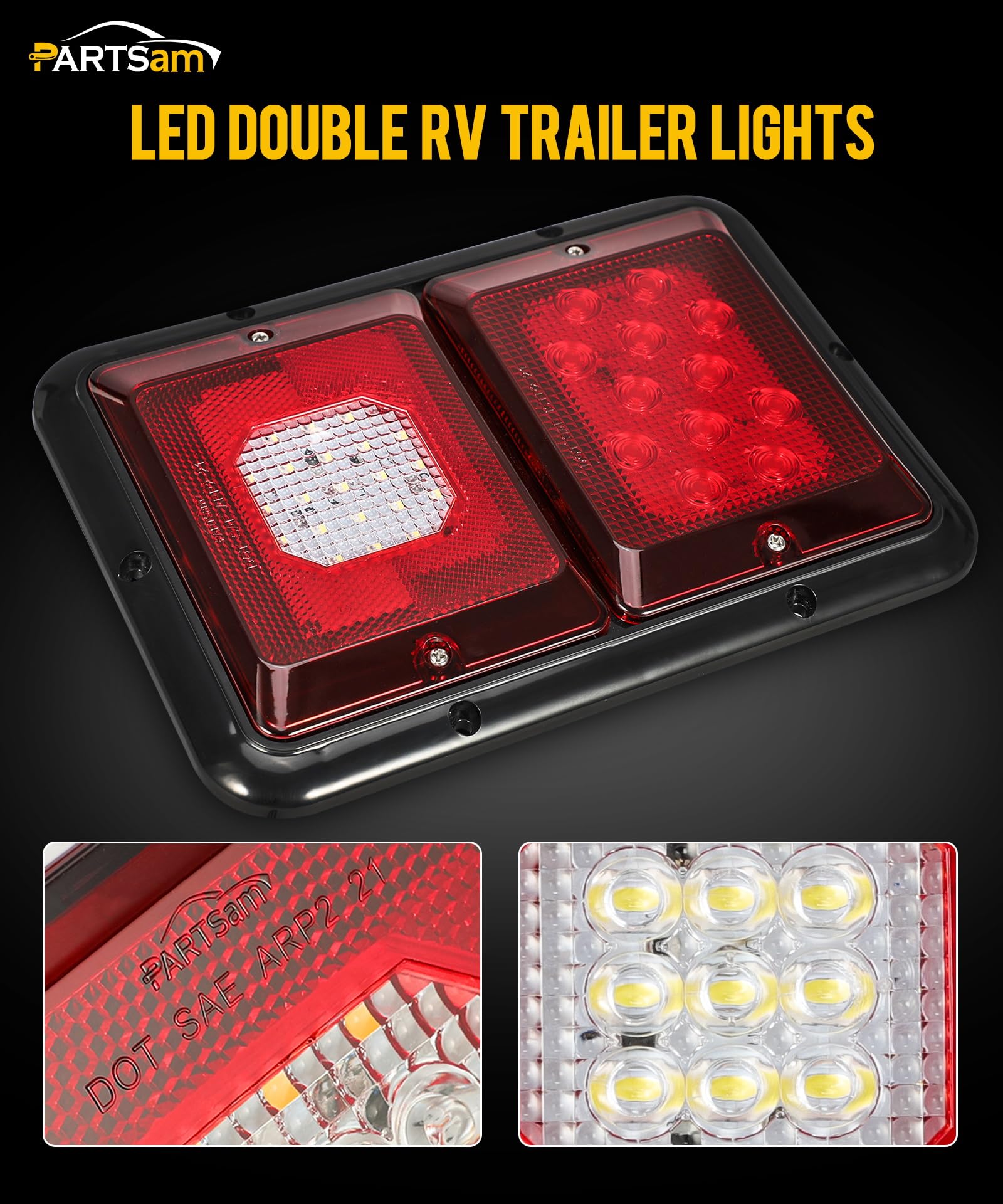 Partsam Double LED Trailer Tail Lights, Red, Standard Size, Surface Mount, 33 LEDs, Backup Reverse Lights, Black Base