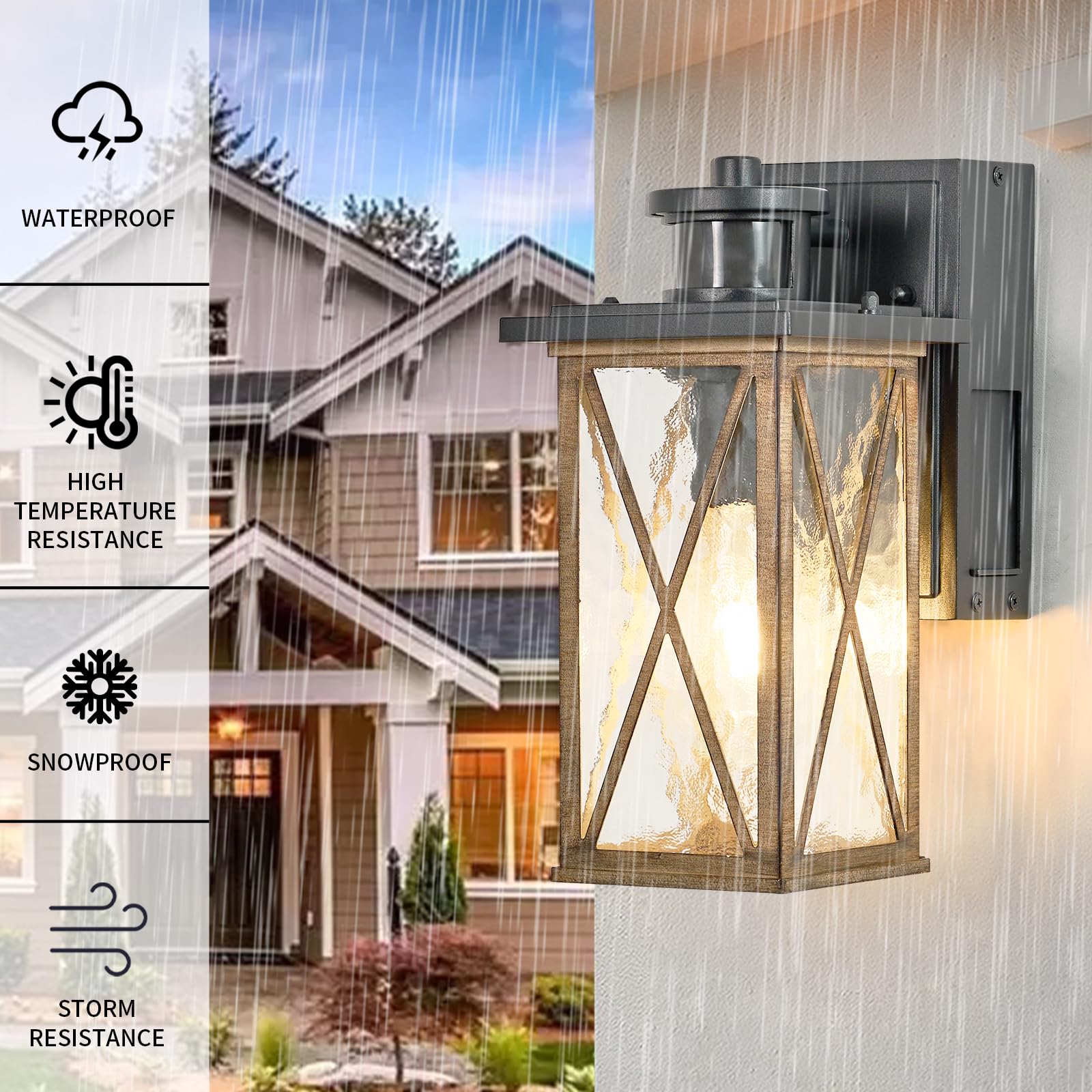 Ejerlya Dusk to Dawn Motion Sensor Outdoor Porch Light, Aluminum, Anti-Rust, Waterproof, Model 036, Square, GFCI Outlet, 3 Lighting Modes