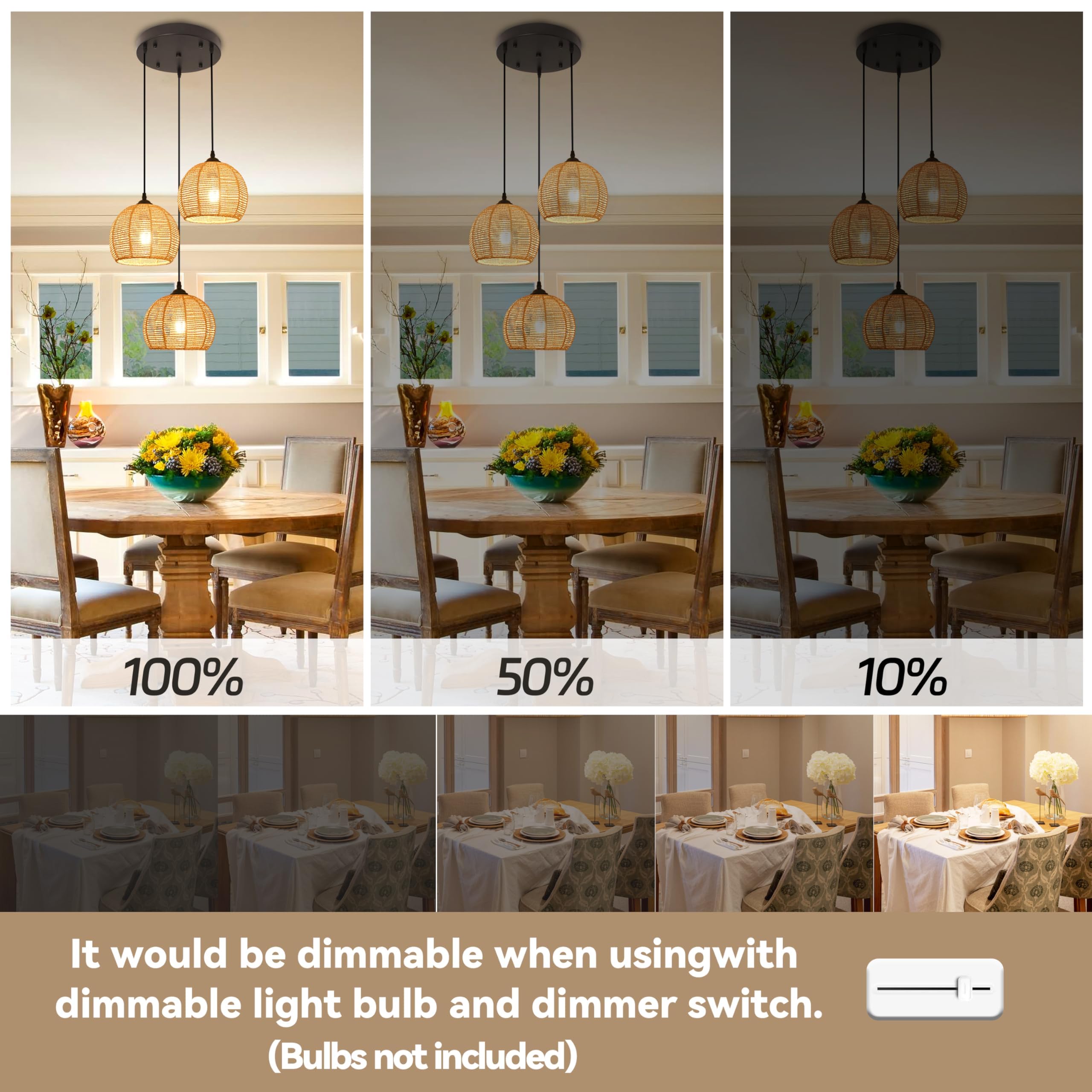 3-Light Mini Hemp Rope Woven Pendant Light Kitchen Island,3 Dome Hand Woven Boho Rattan Chandelier Farmhouse Wicker Ceiling Ligh