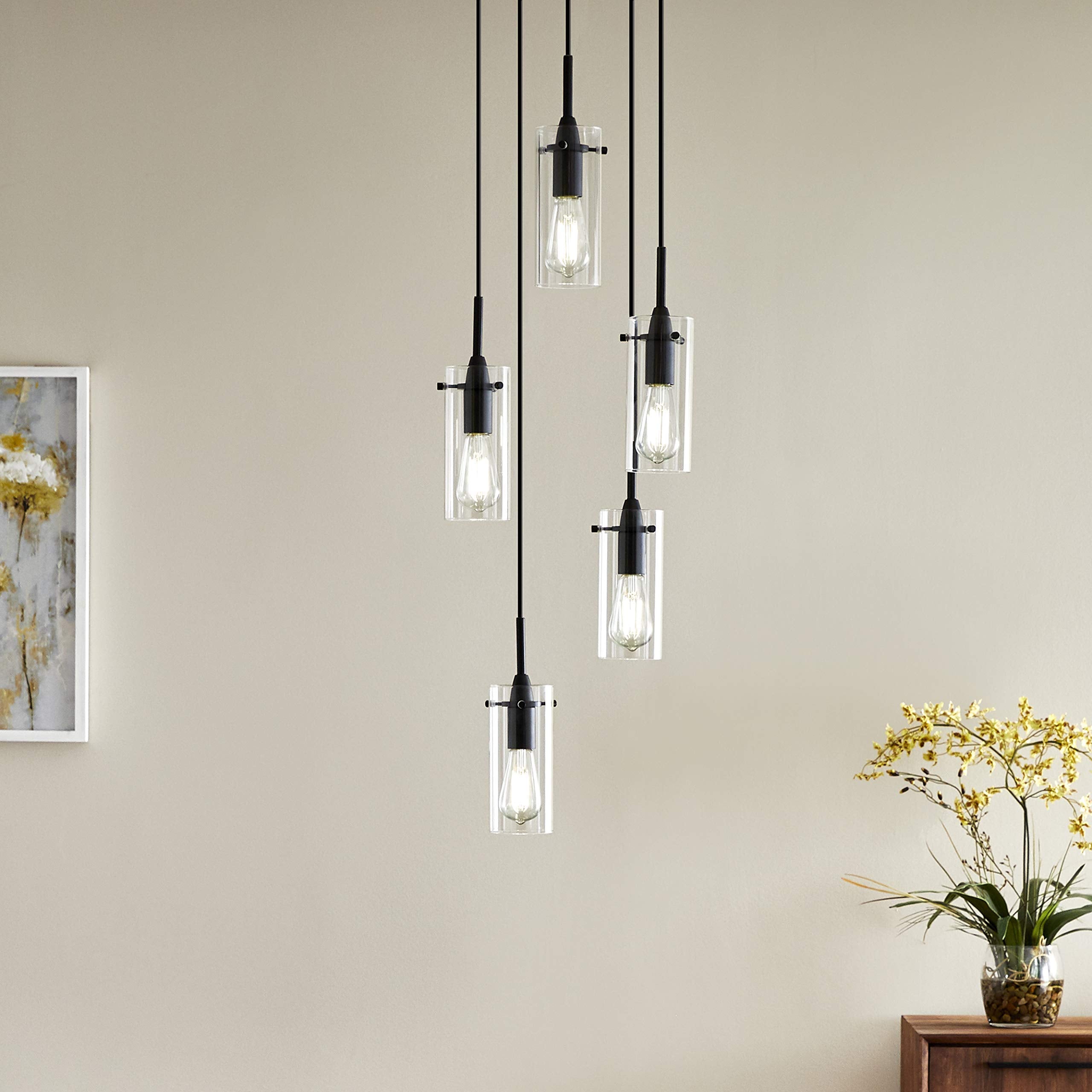 Linea di Liara 5-Light Cluster Pendant Chandelier - Black Metal Stairwell Lighting, Model LL-C45-5BLK