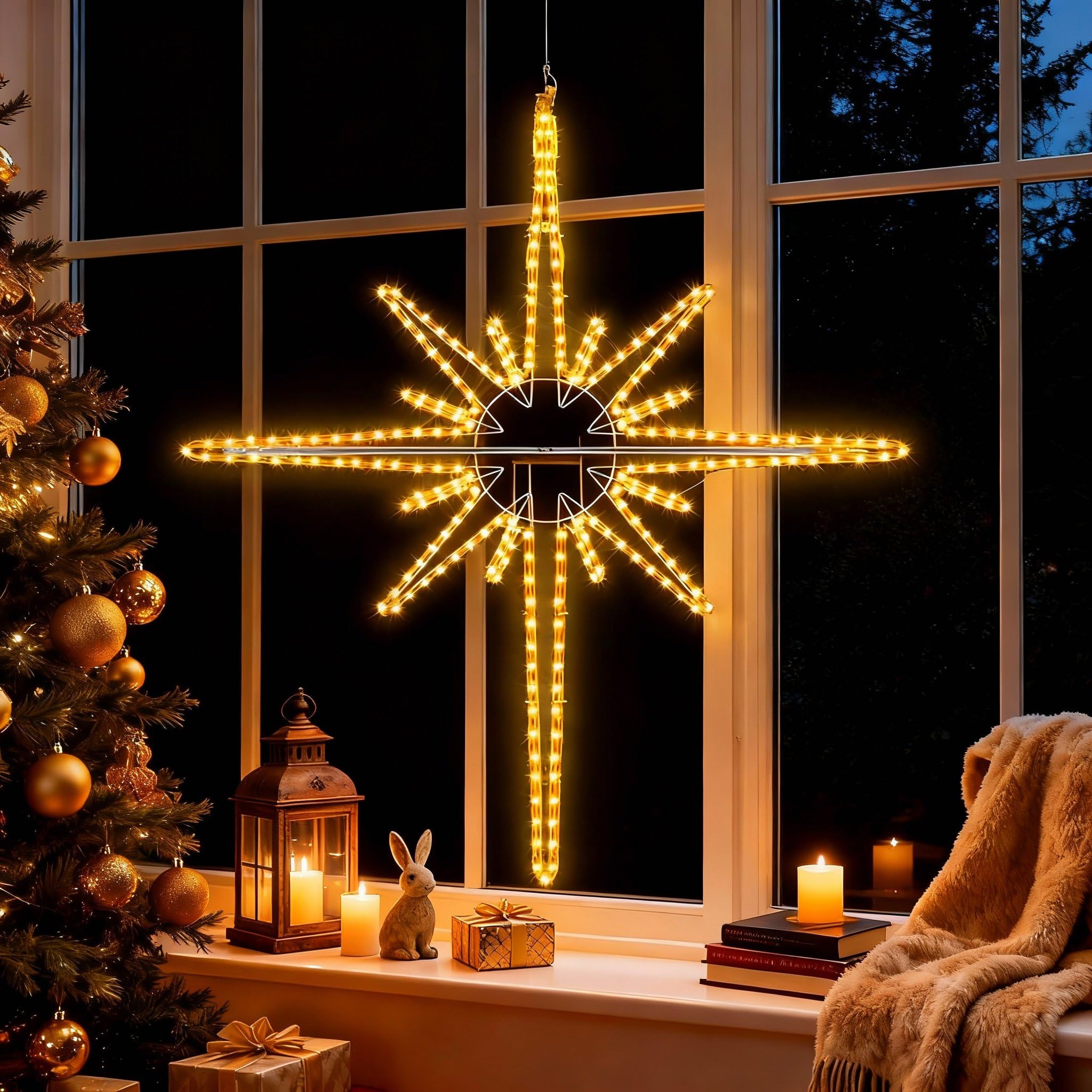 Wettal Large Christmas Bethlehem Star, Lighted Star of Bethlehem LED Lights Plug in Rope Light for Outdoor Indoor Xmas Tree Wall