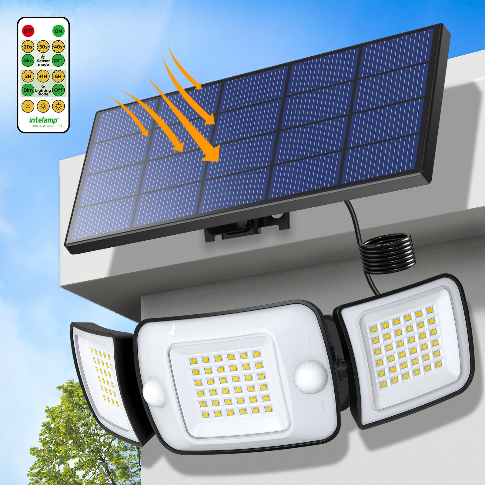 Intelamp Solar Flood Lights Outdoor Motion Sensor with Remote Control, 6000mAh 1200LM Solar Lights for Outside IP65 Waterproof, 