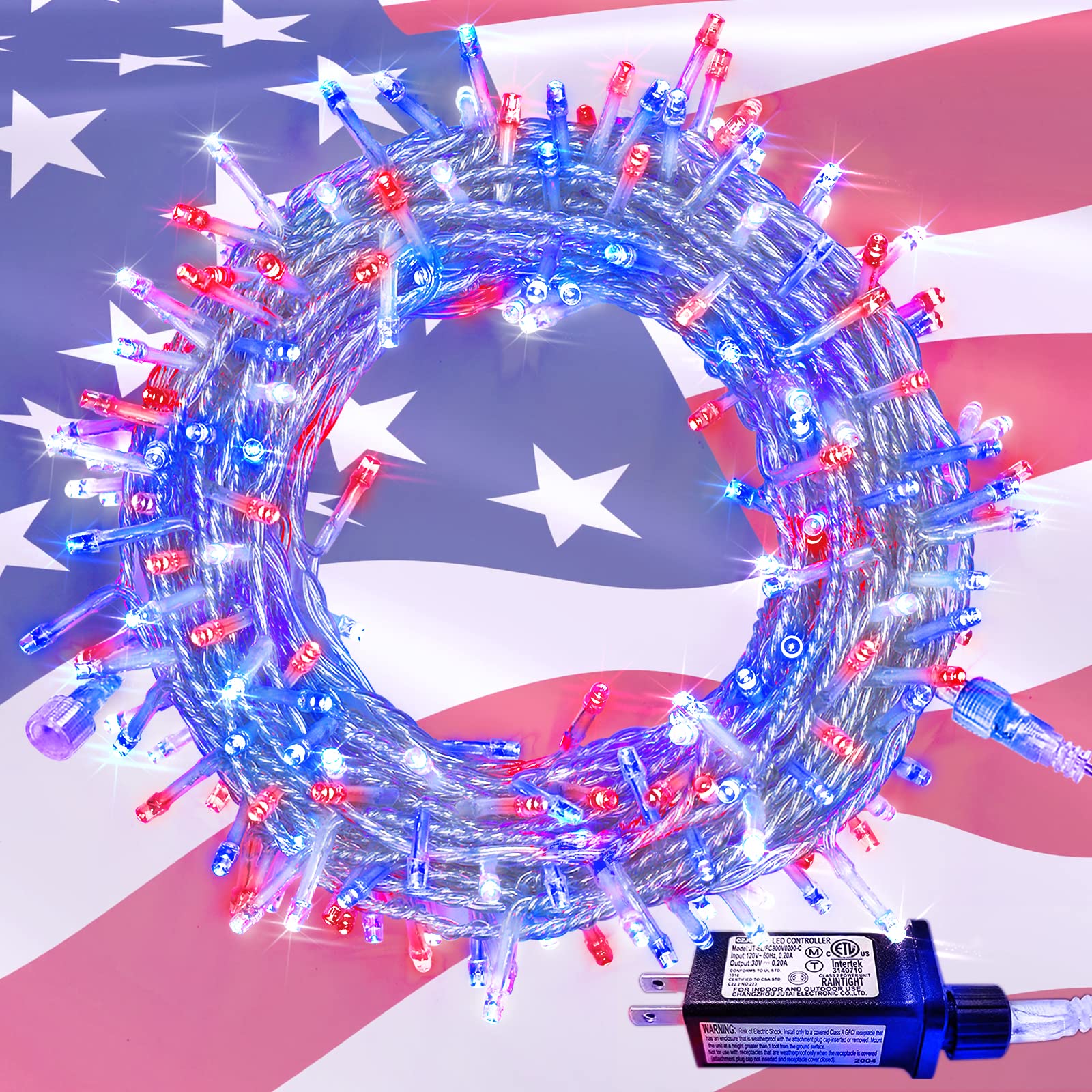 Jmexsuss 100 Led 4Th Of July Decoration, 33Ft Red White And Blue Lights Plug-In, 8 Modes Patriotic 4Th Of July Lights For Indoor