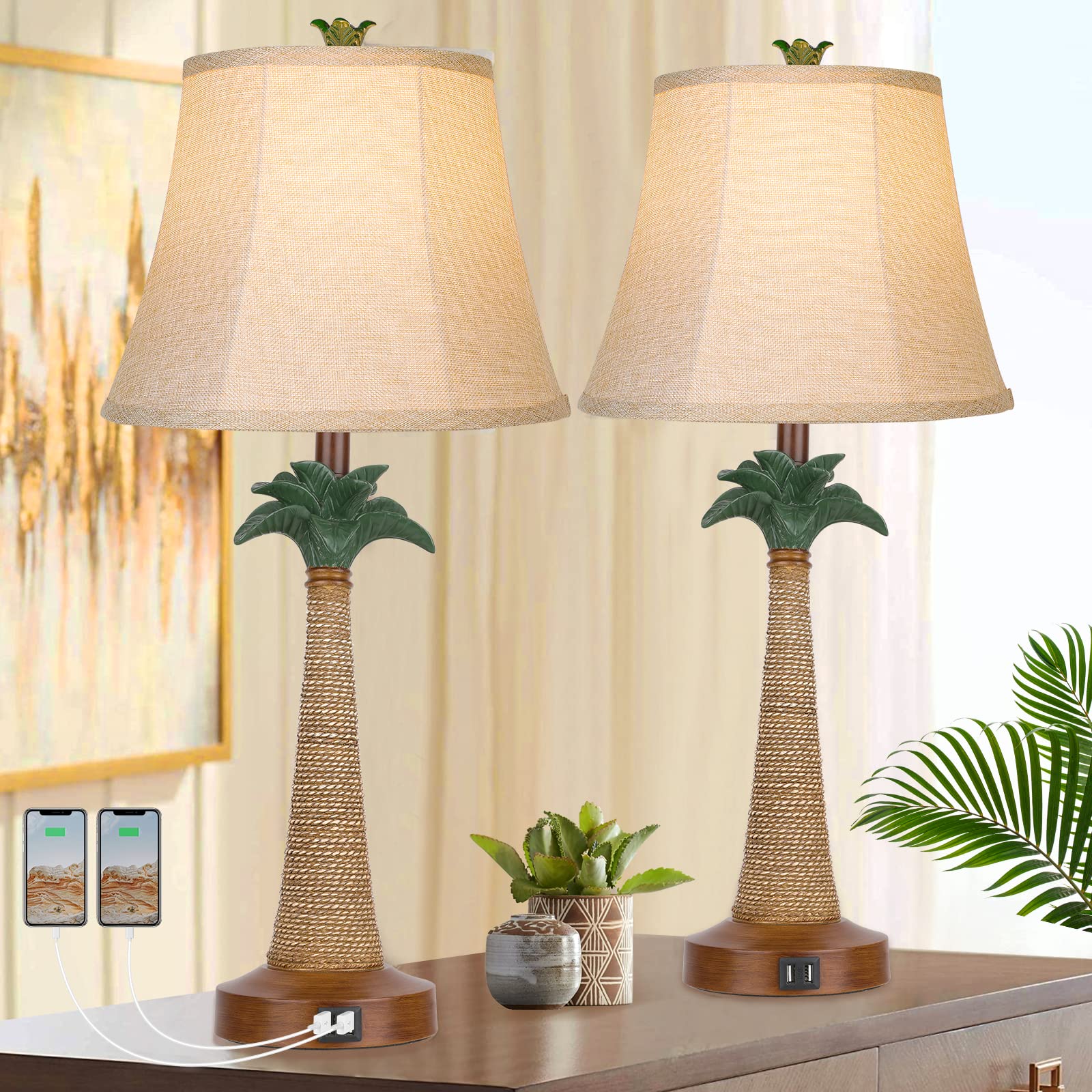 Set of 2 Coastal Palm Tree Table Lamps with 2 USB Ports for Living Room Beach Nautical Bedside Lamps for Bedroom Tropical Nights
