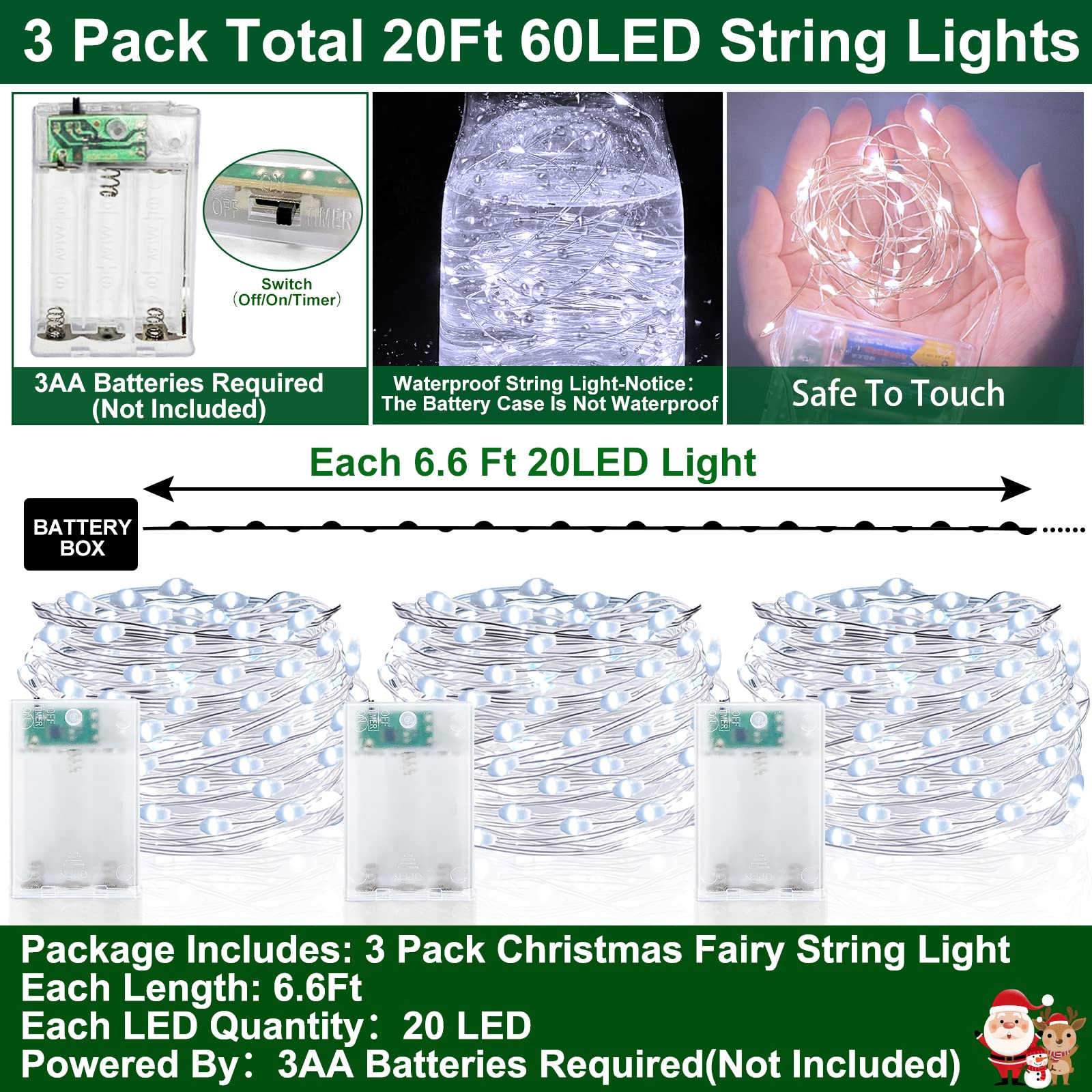 TURNMEON [ Timer 3 Set Fairy Lights, Total 60 LED, Cool White Battery Powered Copper Wire Fairy Lights, Decoration Outside Yard