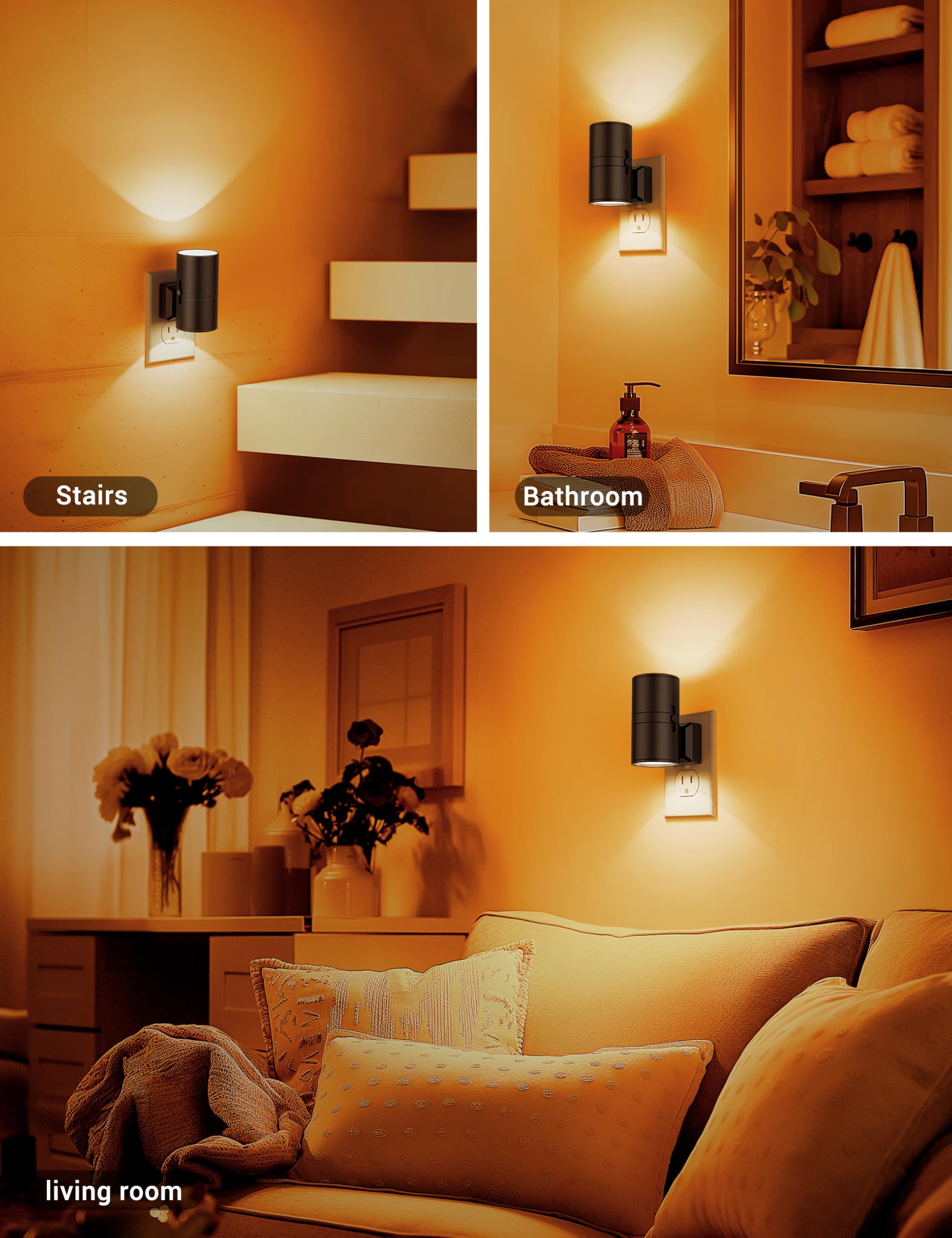 JandCase Amber Night Light Plug-in, Dimmable 0-100LM, Modern Auto On/Off, 2 Pack, Orange-Black Shade, Model C-GY06307US-