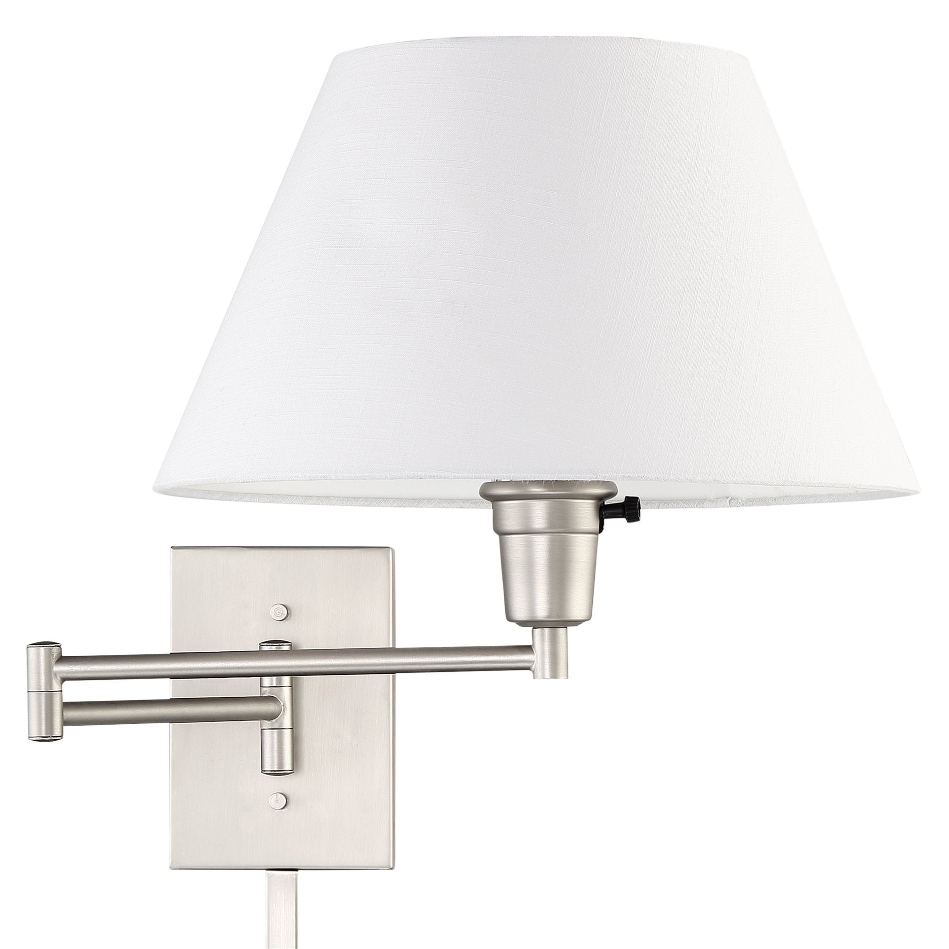 Kira Home Cambridge 15'' Swing Arm Wall Lamp - Plug In/Wall Mount + White Fabric Shade, 150W 3-Way + Cord Covers, Satin Nickel F