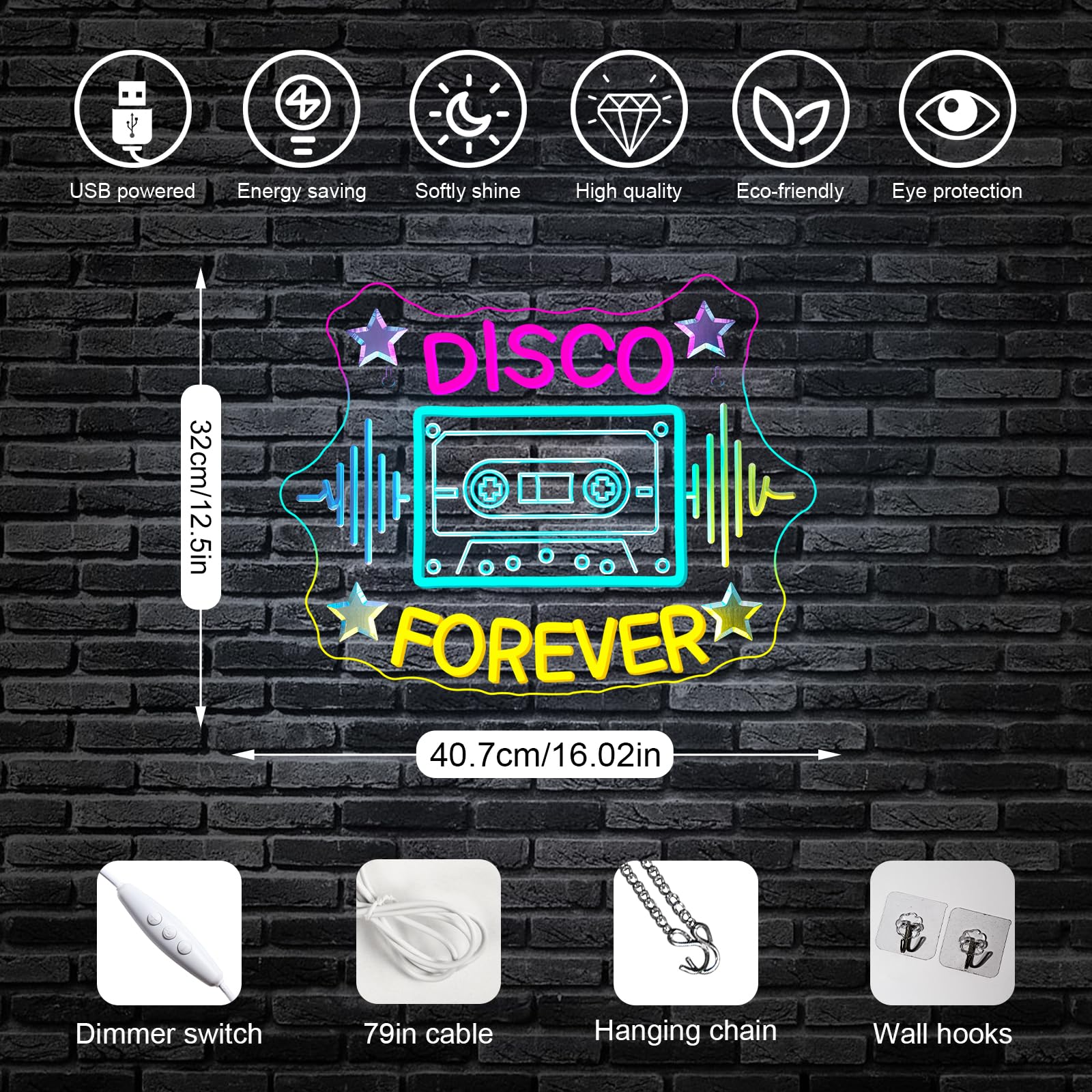 Horseneon Disco Forever Neon Sign Retro Led Wall Decor For Dance Parties Music Rooms & 70S Themed Bars  Usb-Powered With Adjustable Brightness  Color-Changing Disco Lighting