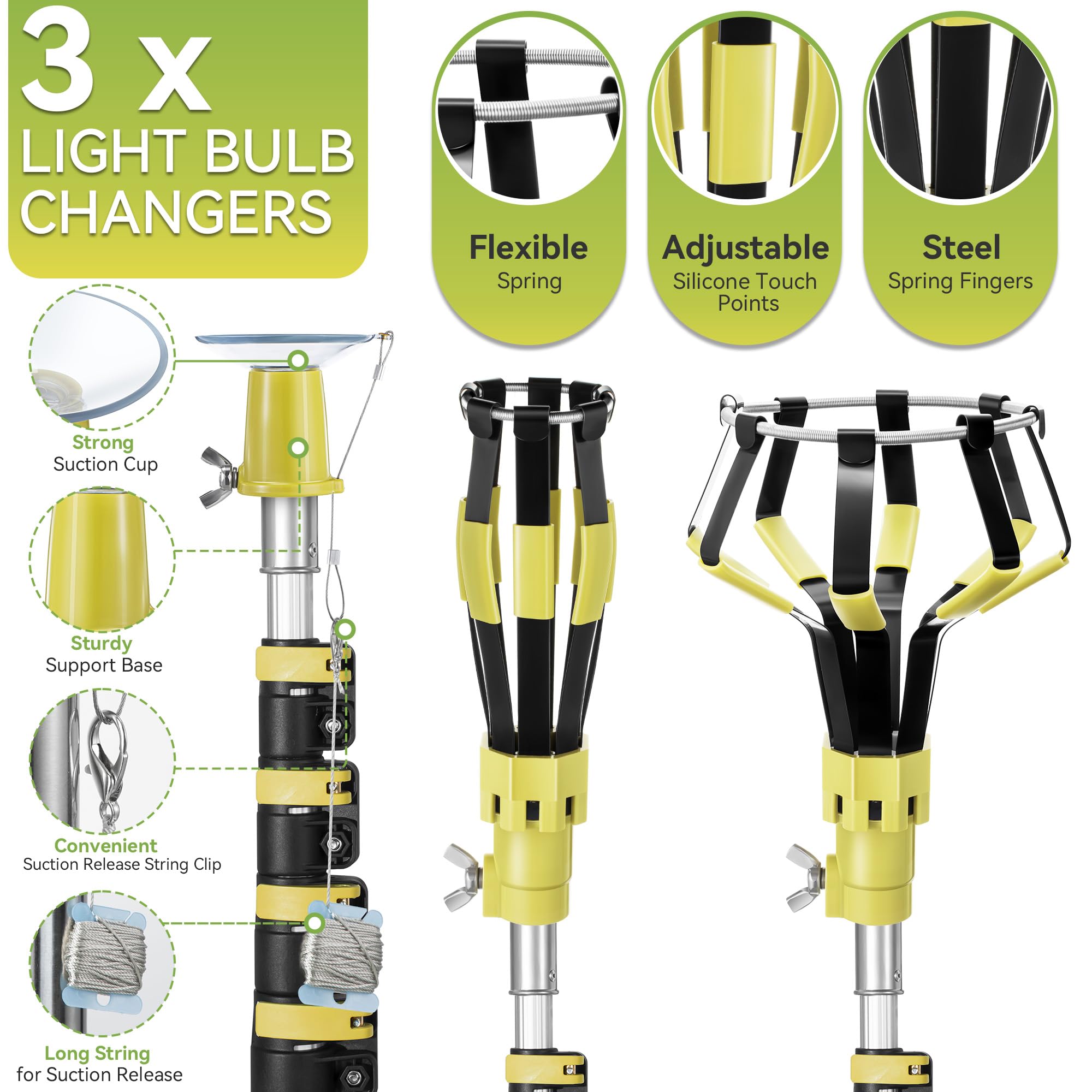 Dreyoo Light Bulb Changer Set with Telescopic Pole 3-12 ft, Metal, Yellow, Model DR-Dreyoo-0995
