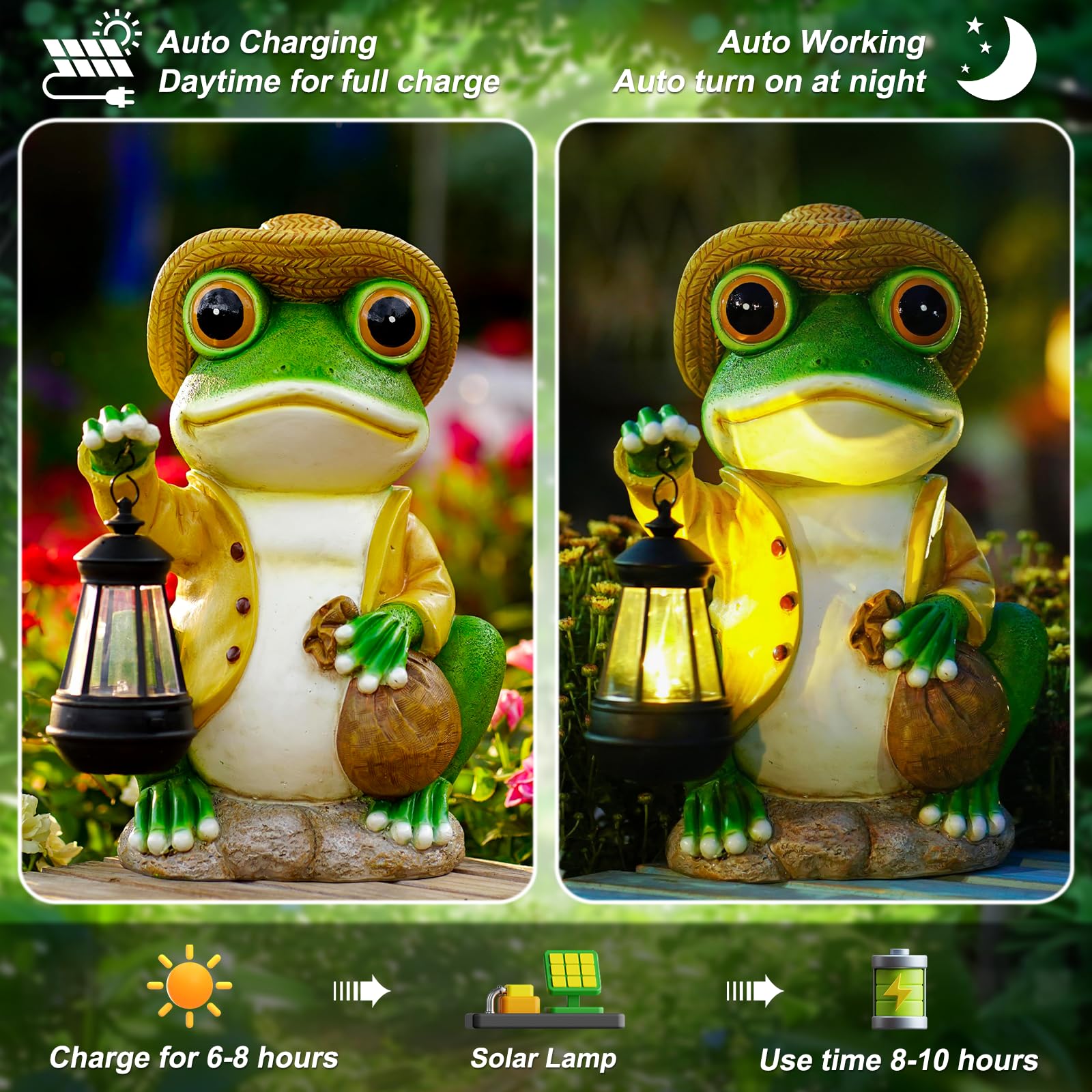 Pohabery Frog Garden Statue, 13.3in Tall Resin Decor with Solar Lantern, Green Frog