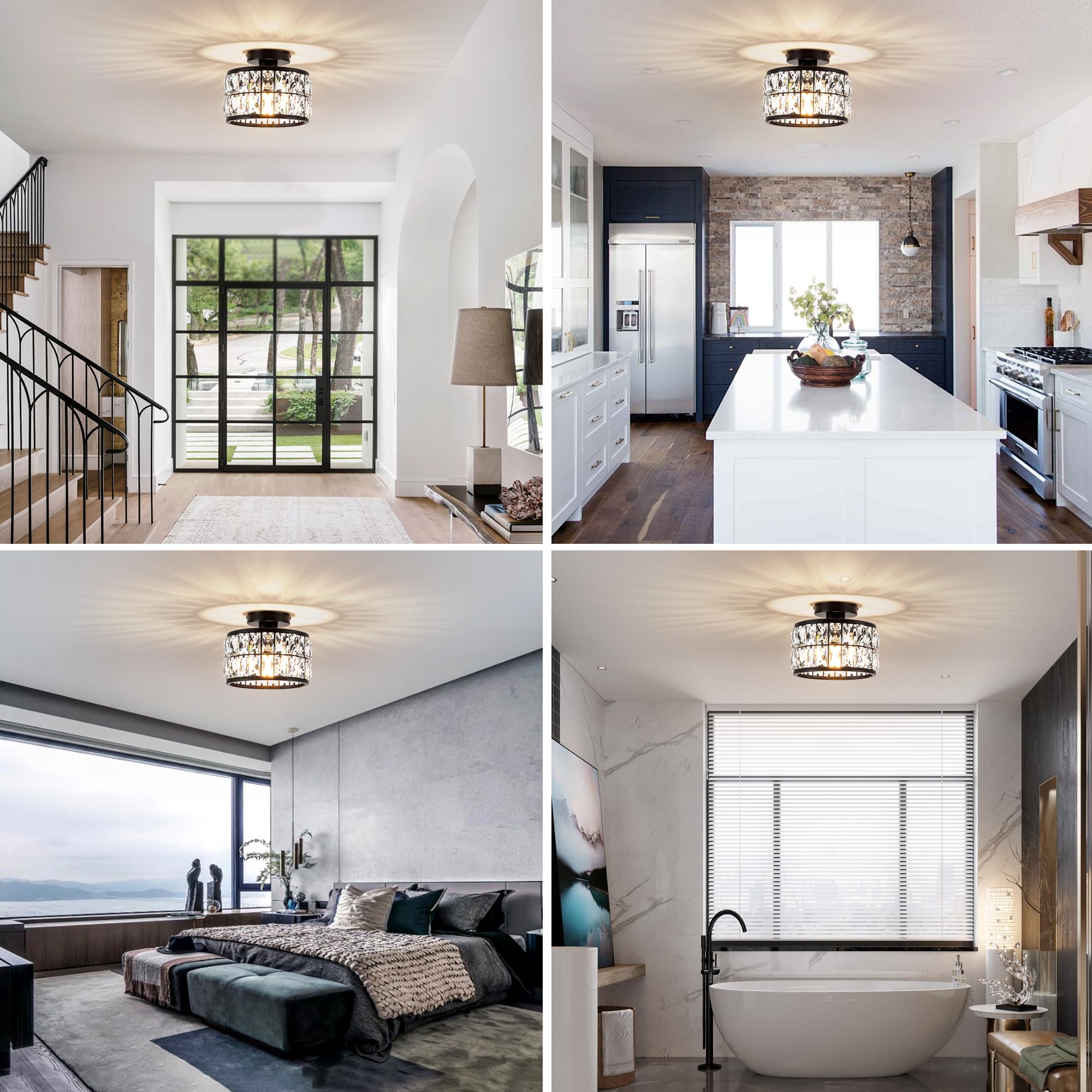 Rpzloila Crystal Ceiling Light Fixture, Modern Semi Flush Mount, Metal, Black Finish, Model 8102-1X-BK