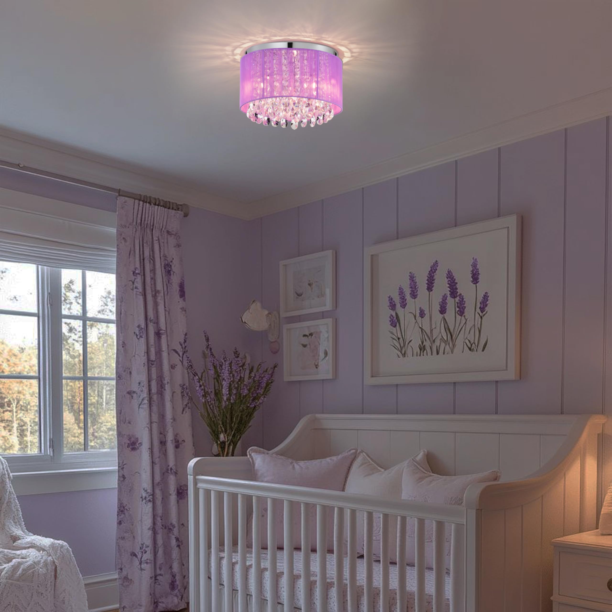 LaLuLa Crystal Chandelier, 4-Light Flush Mount, Metal, Purple, 18in Drum Shade