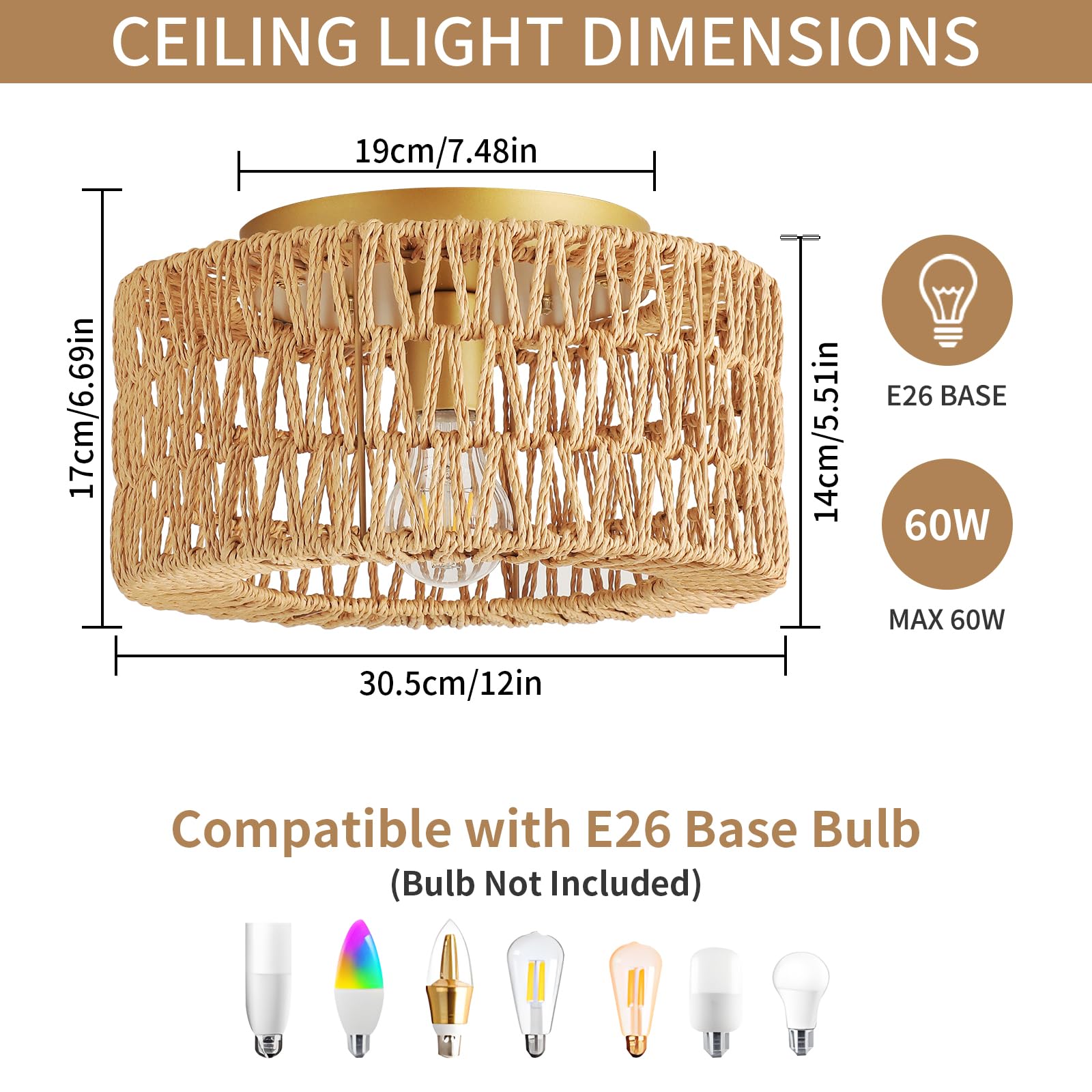 Foucasal Boho Flush Mount Light Fixture, Coastal Ceiling Light Fixtures Woven Rattan Chandelier For Hallway Bedroom Kitchen Entr