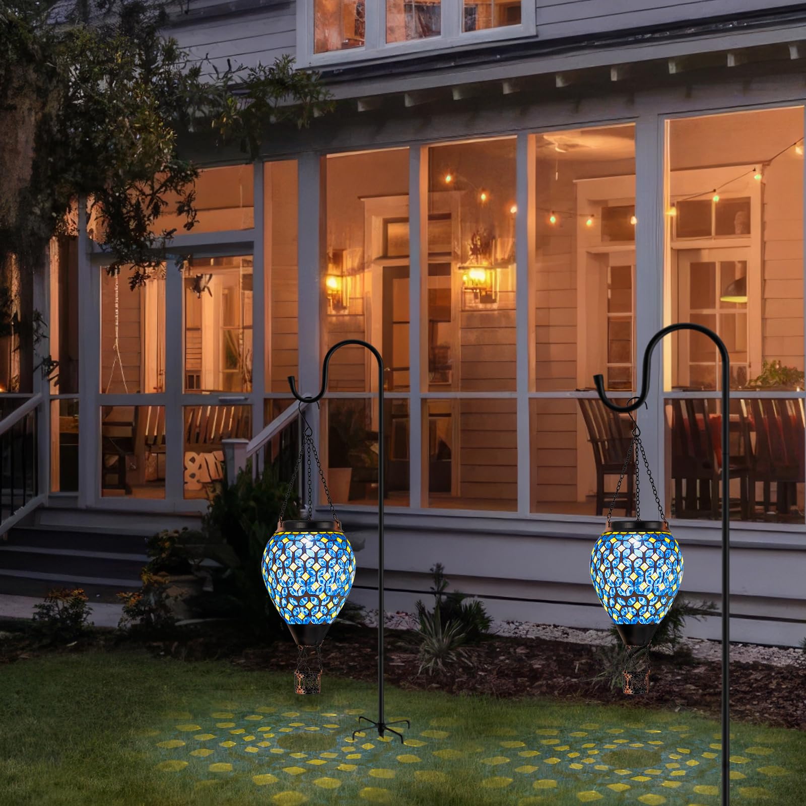 DREAMSKIP Mosaic Hot Air Balloon Solar Lantern, Waterproof Glass, Blue, Model 49120505, Flickering Flame, Outdoor Garden Gift