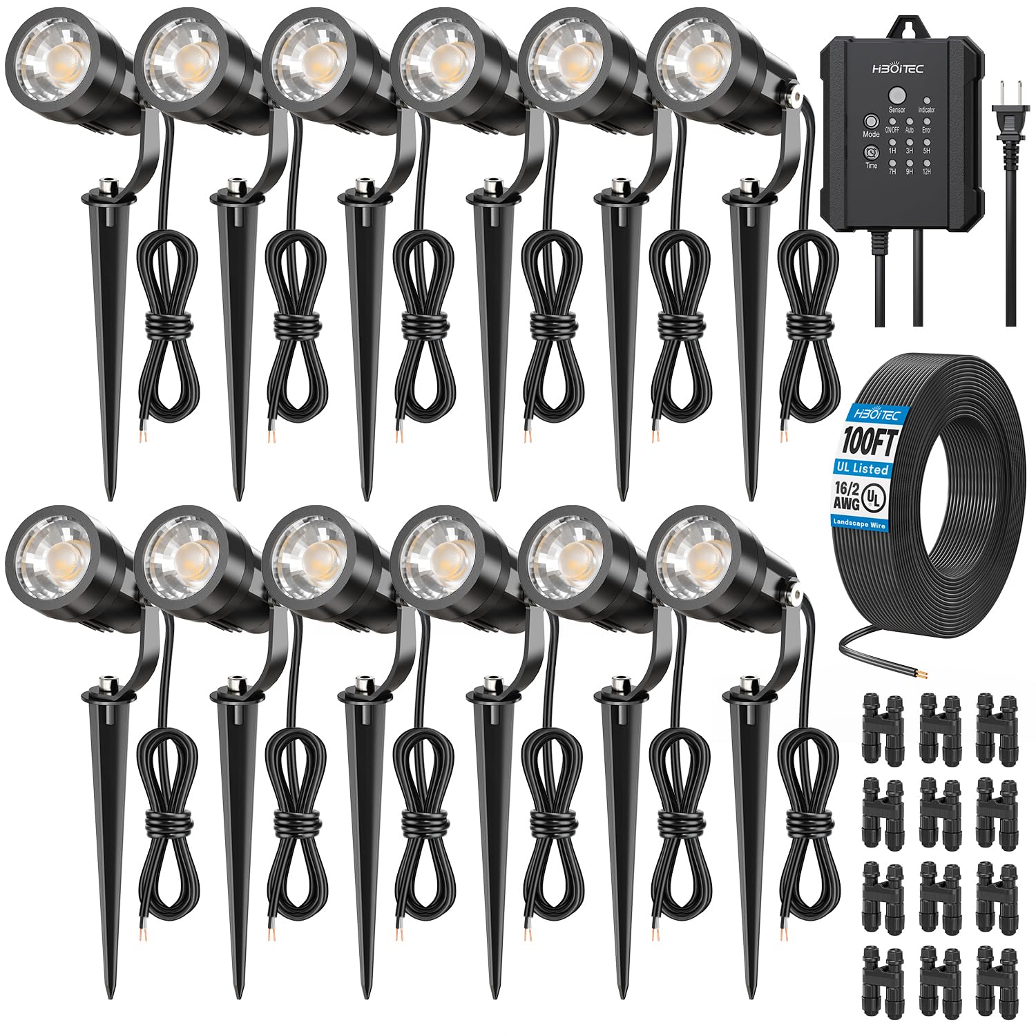 HIBOITEC All-in-One 5W Low Voltage Landscape Lights, 12 Pack LED Landscape Lighting Kit with Transformer, 100FT Wires and Connec