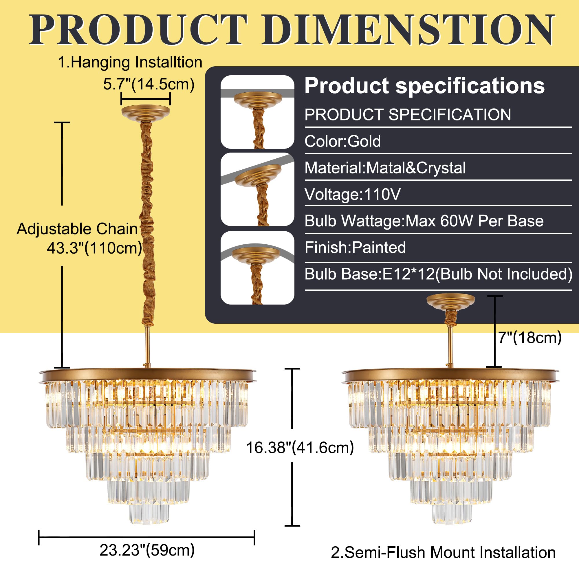 Faibra 12-Light Gold Crystal Chandelier, 23.23" Modern Pendant Light Fixture, 5-Tier Luxury K9 Crystal for Dining Room & Living Room
