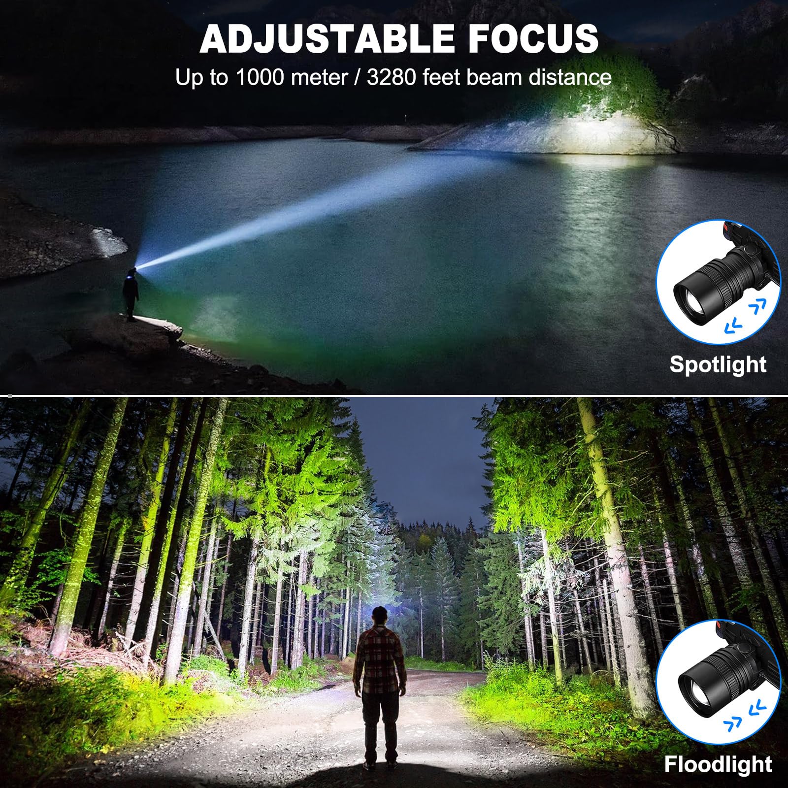 SKNSL Rechargeable Headlamp 99000 Lumens, 3 Modes, 90° Adjustable, IPX6 Waterproof, Black, Model P50, 2-Pack for Camping & Hiking