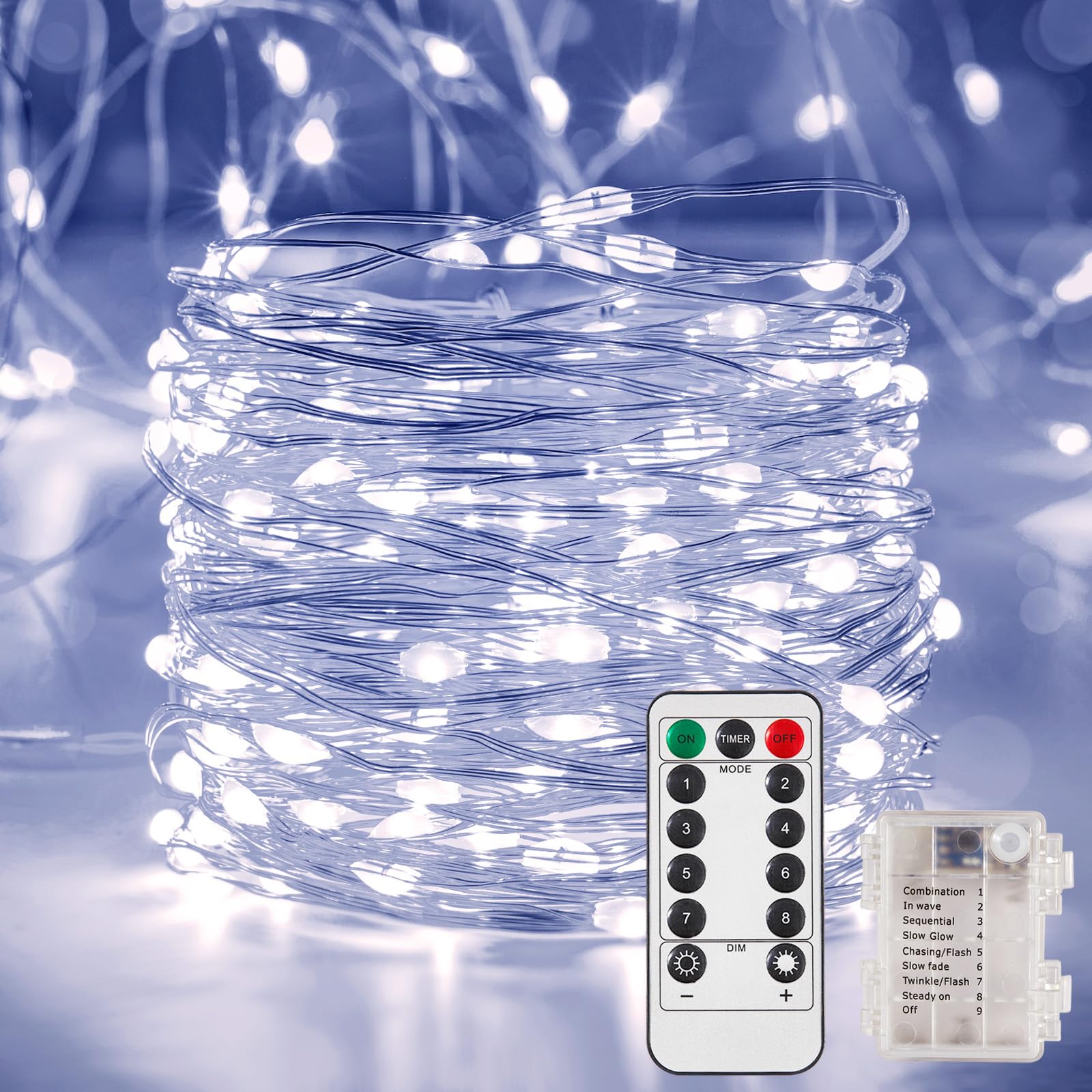 Ariceleo 1 Pack 65.6 Ft. Battery Operated Outdoor String Lights With Remote & Timer, Led Cool White Fairy Lights, Waterproof Twinkle Lights For Bedroom, Dorm, Mason Jar, Wedding, Party, Christmas