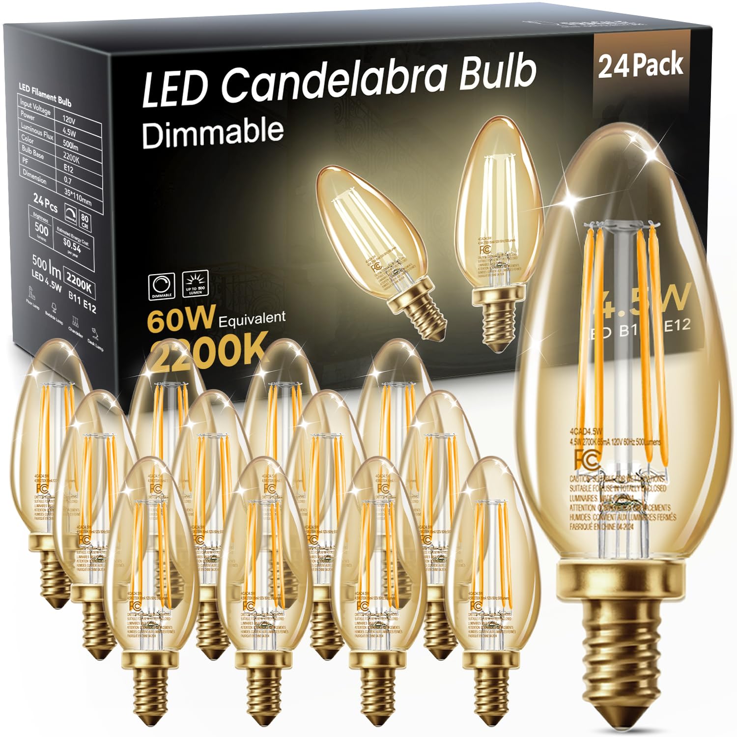 TJOY LED Candelabra Bulbs Dimmable  60W Equivalent Chandelier Light Bulb  E12 Small Base  4.5W 2200K Amber Warm White  B11 Vintage Filament Clear Glass Candle Light for Ceiling Fan Chandeliers  12Pack