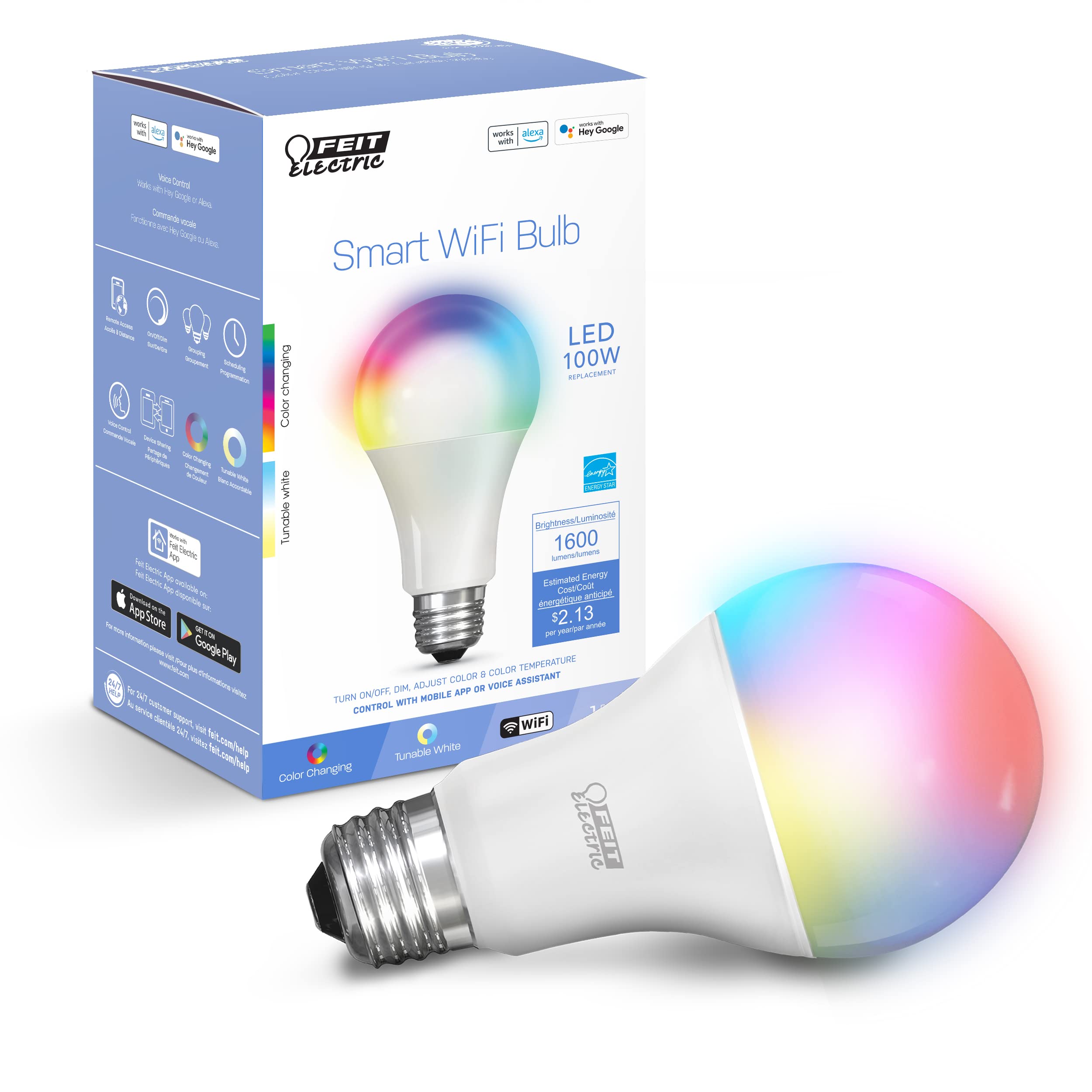 Feit Electric Smart Bulb, 100W Equivalent, Color Changing, Tunable White, Dimmable LED, 1 Pack, RGBW, Model OM100/RGBW/CA/AG