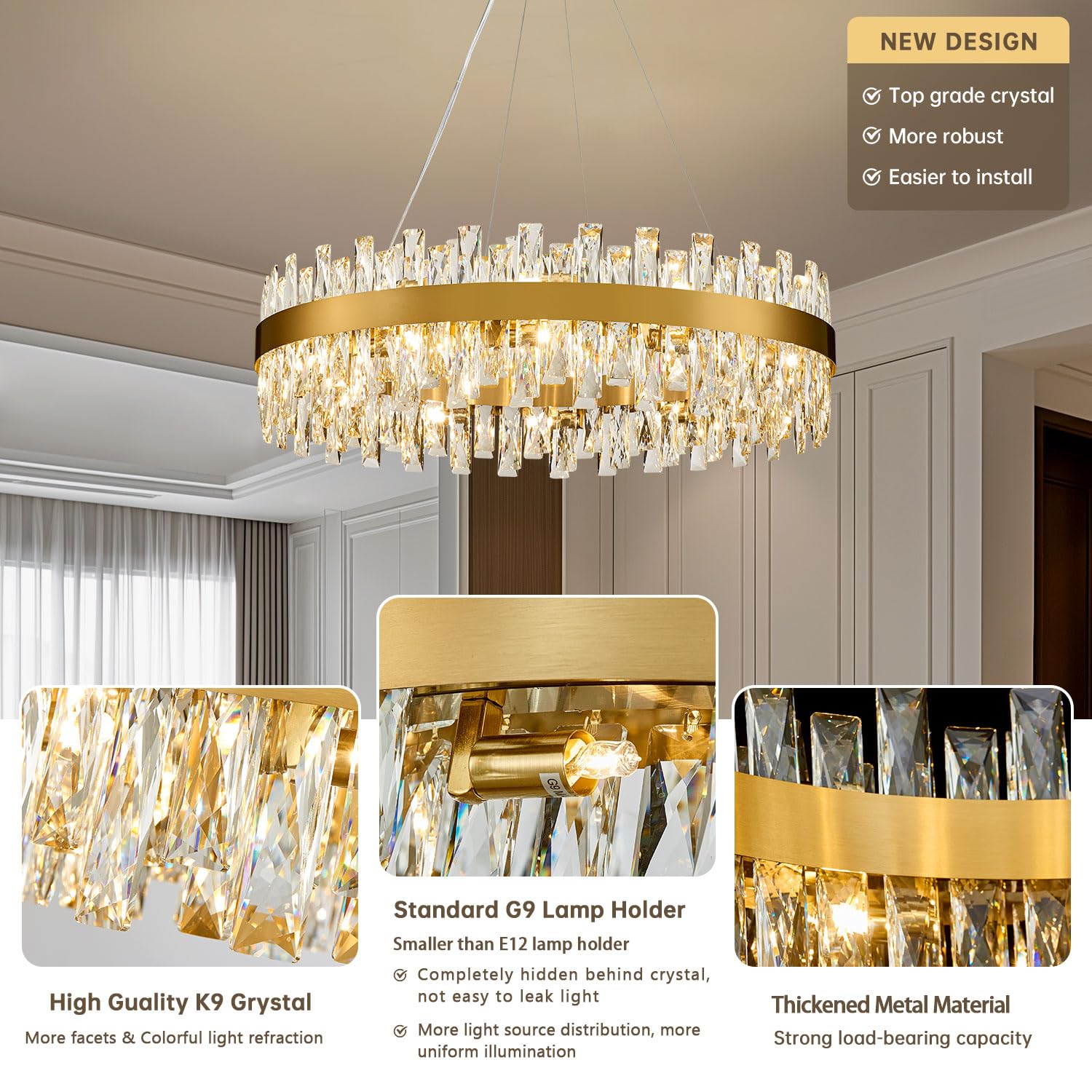 TMAFON Modern Brass Gold Crystal Chandelier, 30" K9 Crystal Pendant Light for Dining Room, Model TMAZ-8047-D760GD