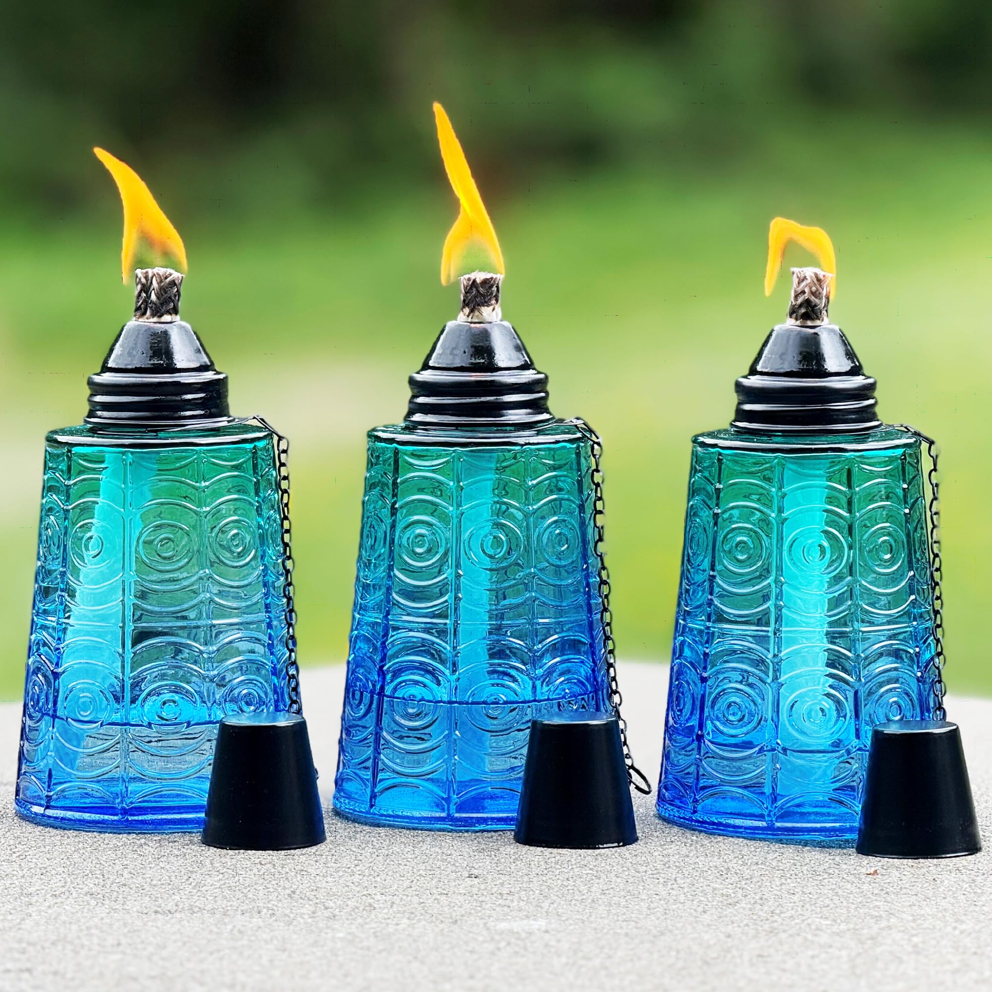 Seraphic Citronella Table Top Torches, 16oz Decorative Glass, Set of 3, Tropical Blue for Outdoor Patio, Garden, Parties