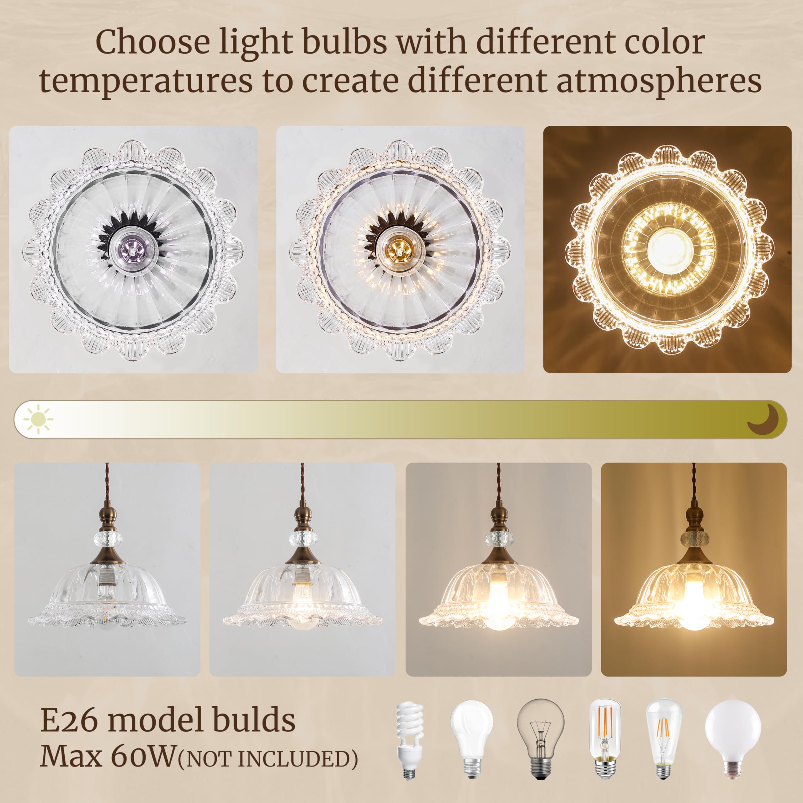 Cwarmozy Vintage Pendant Light Fixtures For Kitchen Island Brass Gold 10.6'' Glass Small Pendant Lights Adjustable Hanging Light