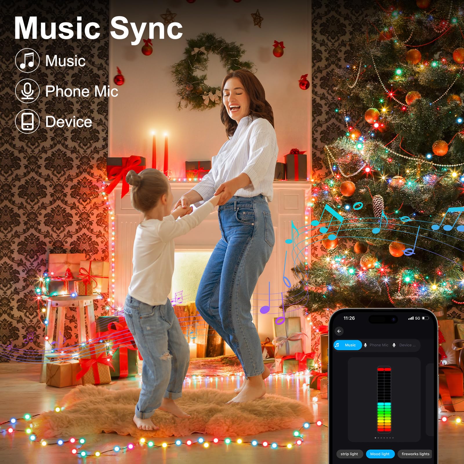 Reylax Usb Fairy Lights Plug In, 33Ft 66 Leds Twinkle String Lights, Dimmable Globe String Lights, Music Sync, Multicolor Christmas Lights Decor Indoor Outdoor, Timer, Work With App & Remote Control