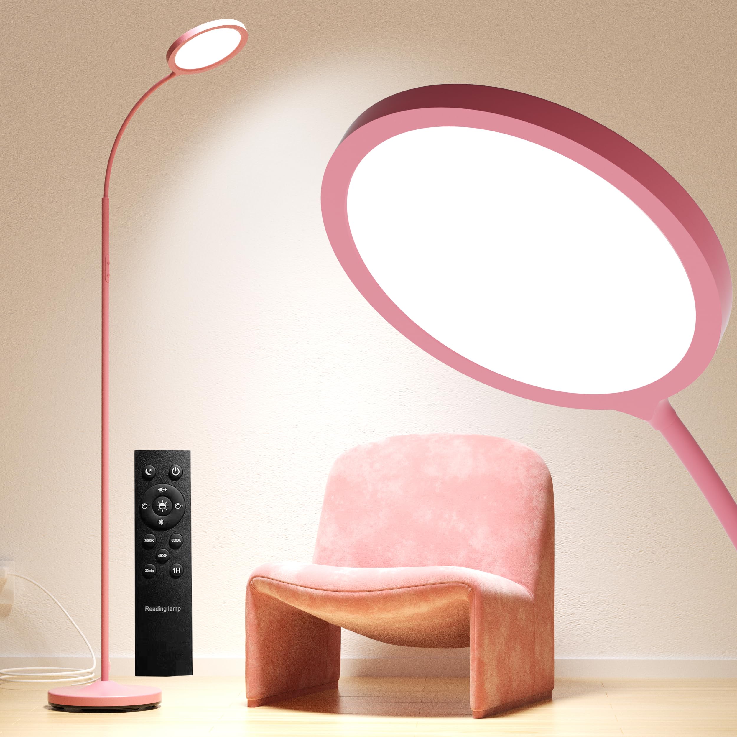luckystyle Pink Floor Lamp,Super Bright Dimmable LED Lamps for Living Room, Custom Color Temperature Standing Lamp with Remote Push Button, Adjustable Gooseneck Reading Floor Lamp for Bedroom Office