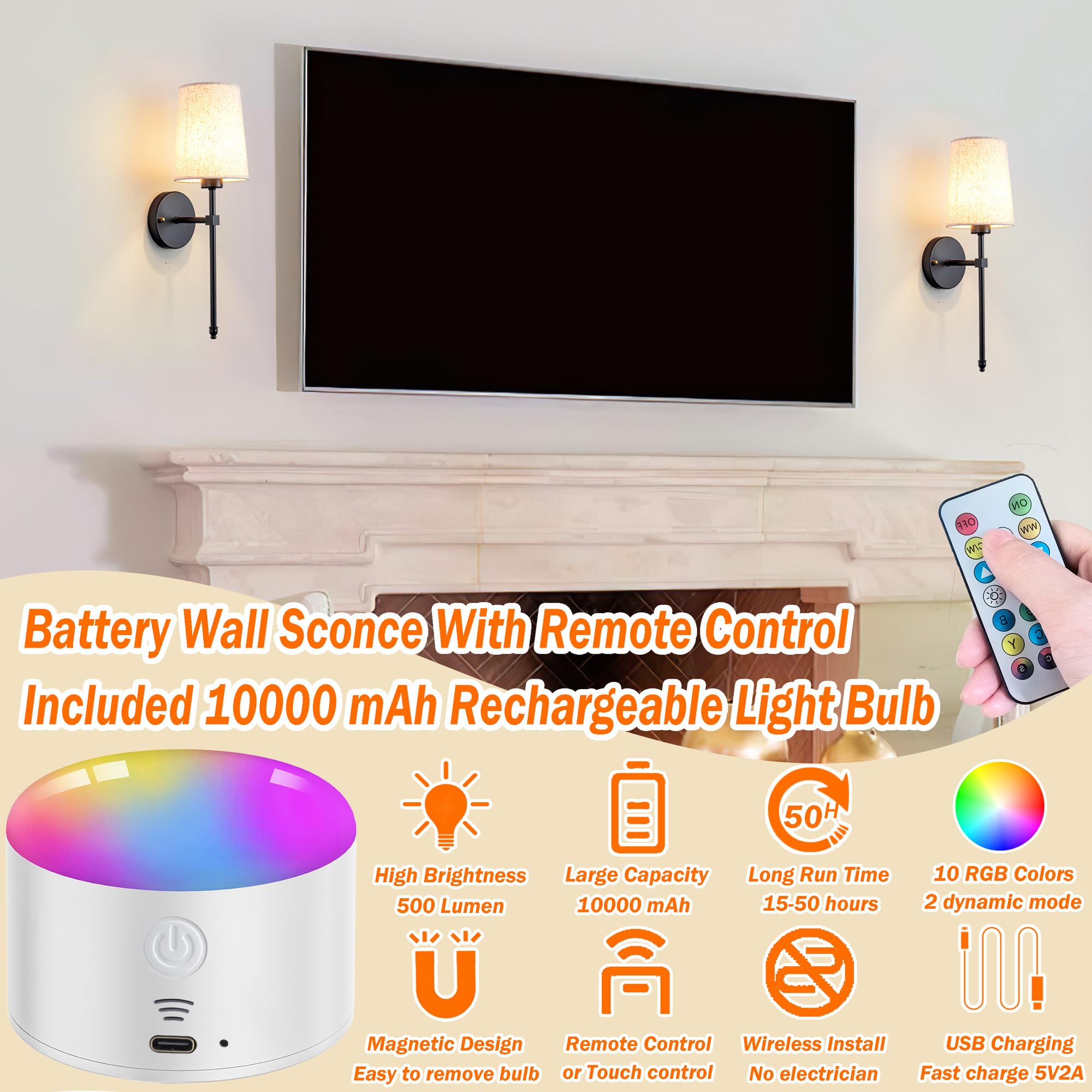 Battery Operated Wall Sconce Set Of Two With Remote Control, Indoor Not Hardwired Dimmable Battery Operated Wall Sconce Light Fi