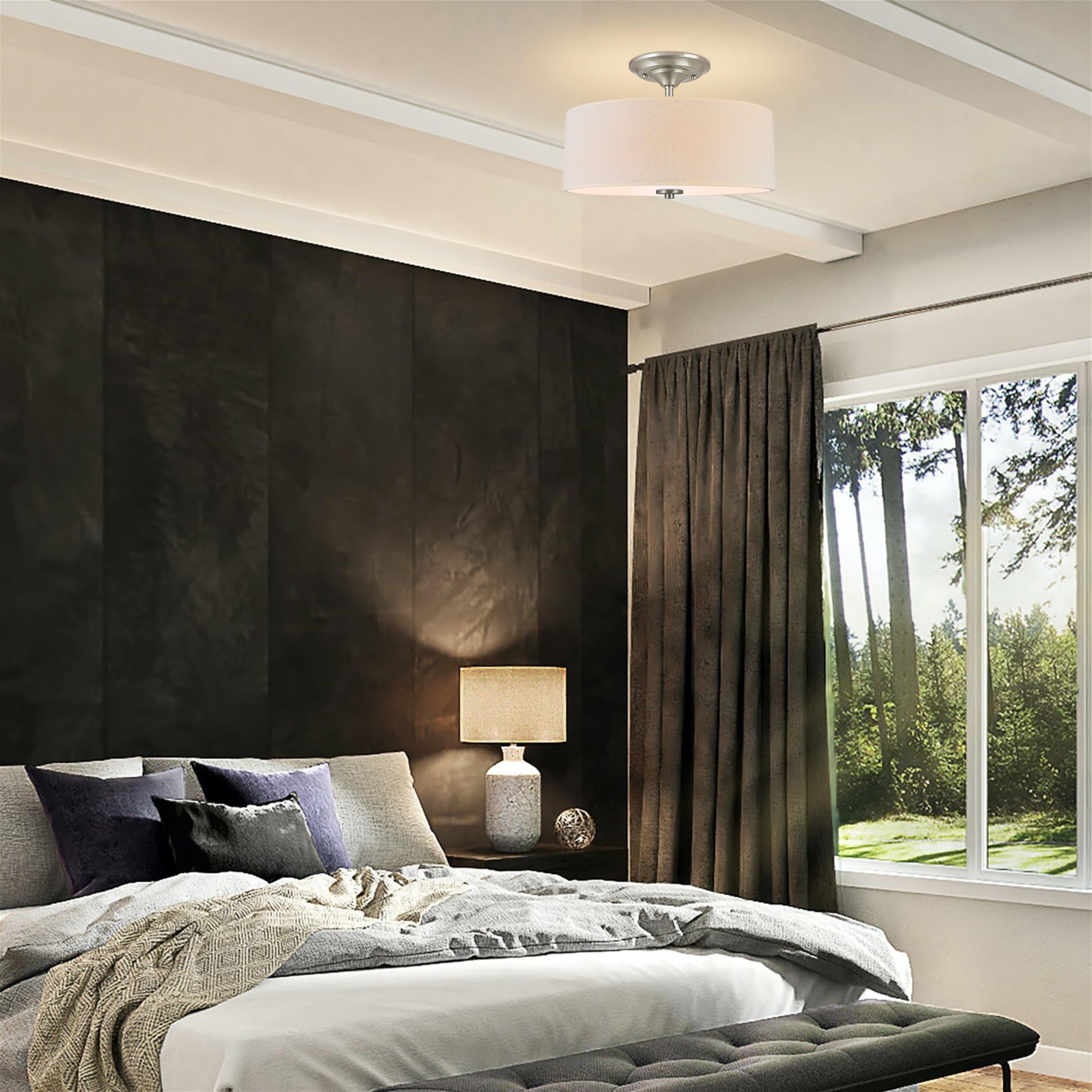 Kira Home 2-Light Semi-Flush Mount Ceiling Light Fixture, Off-White Fabric Drum Shade, Brushed Nickel Finish, Model OpenBox-RV-CSF615-414-BN