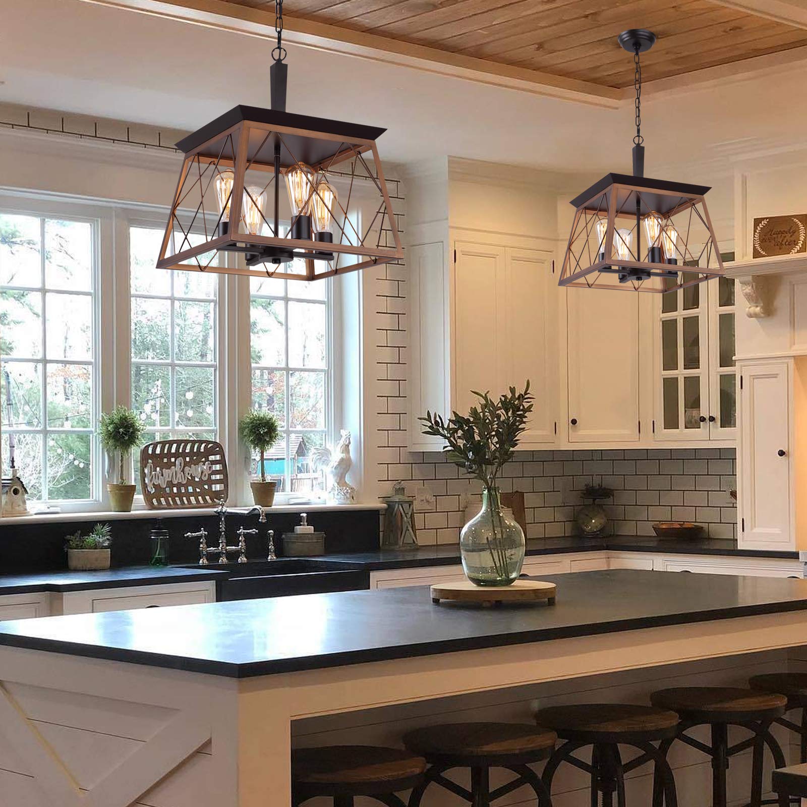 Q&S Farmhouse Rustic Chandeliers, Antique Bronze 4-Light Metal Hanging Light for Dining Room and Kitchen, Model P2006-4BR