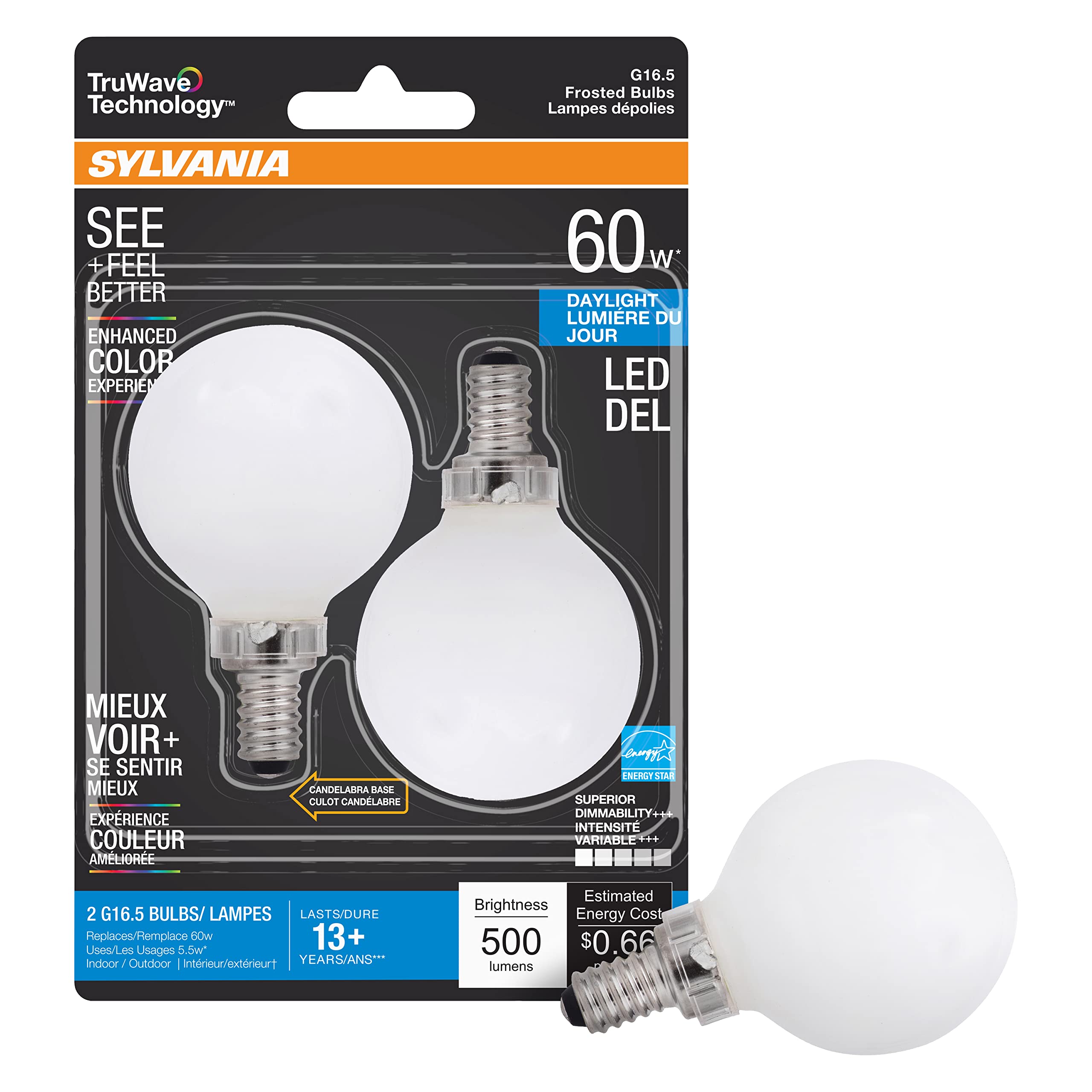LEDVANCE Sylvania TruWave G16.5 LED Light Bulb, 60W Equivalent, Dimmable, Frosted, Daylight 5000K, 2 Count, Model 