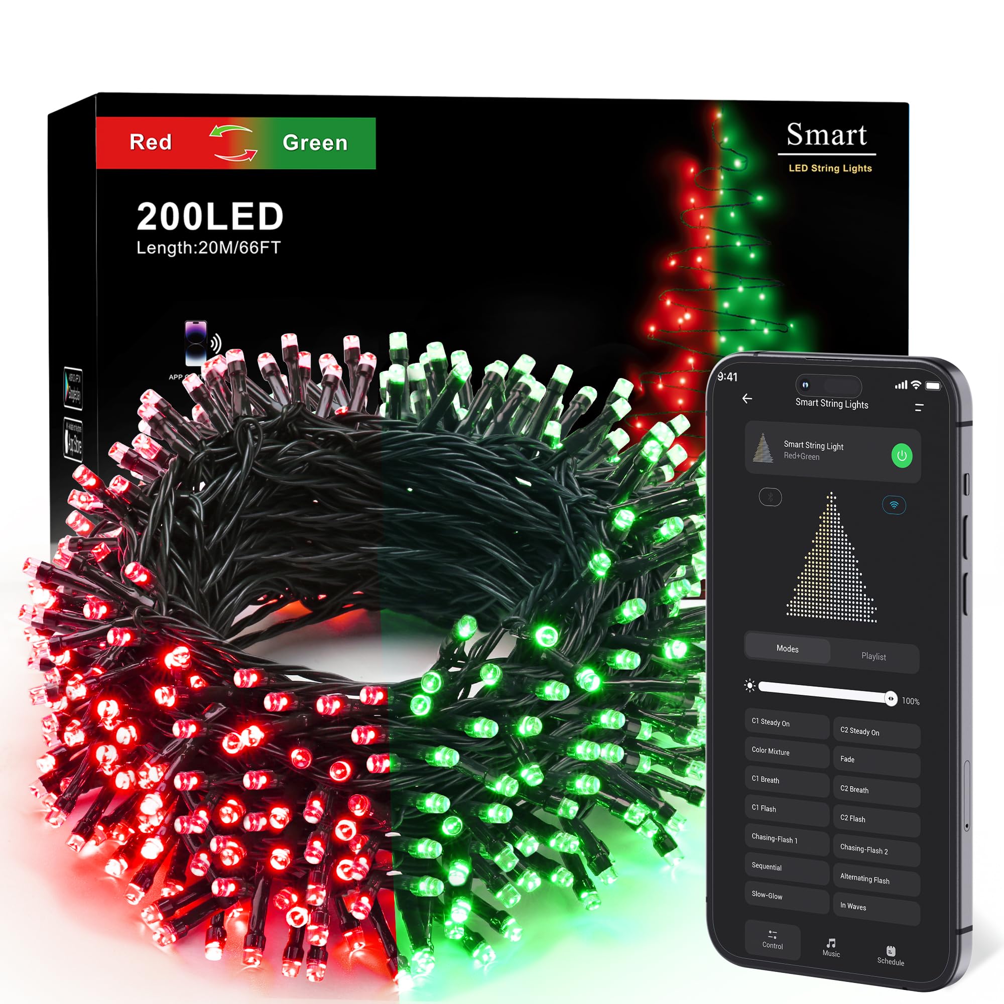 Brizled Smart Christmas Lights, 66FT 200 LED Color Changing, WiFi, Dimmable, Red & Green, Model SLCL002