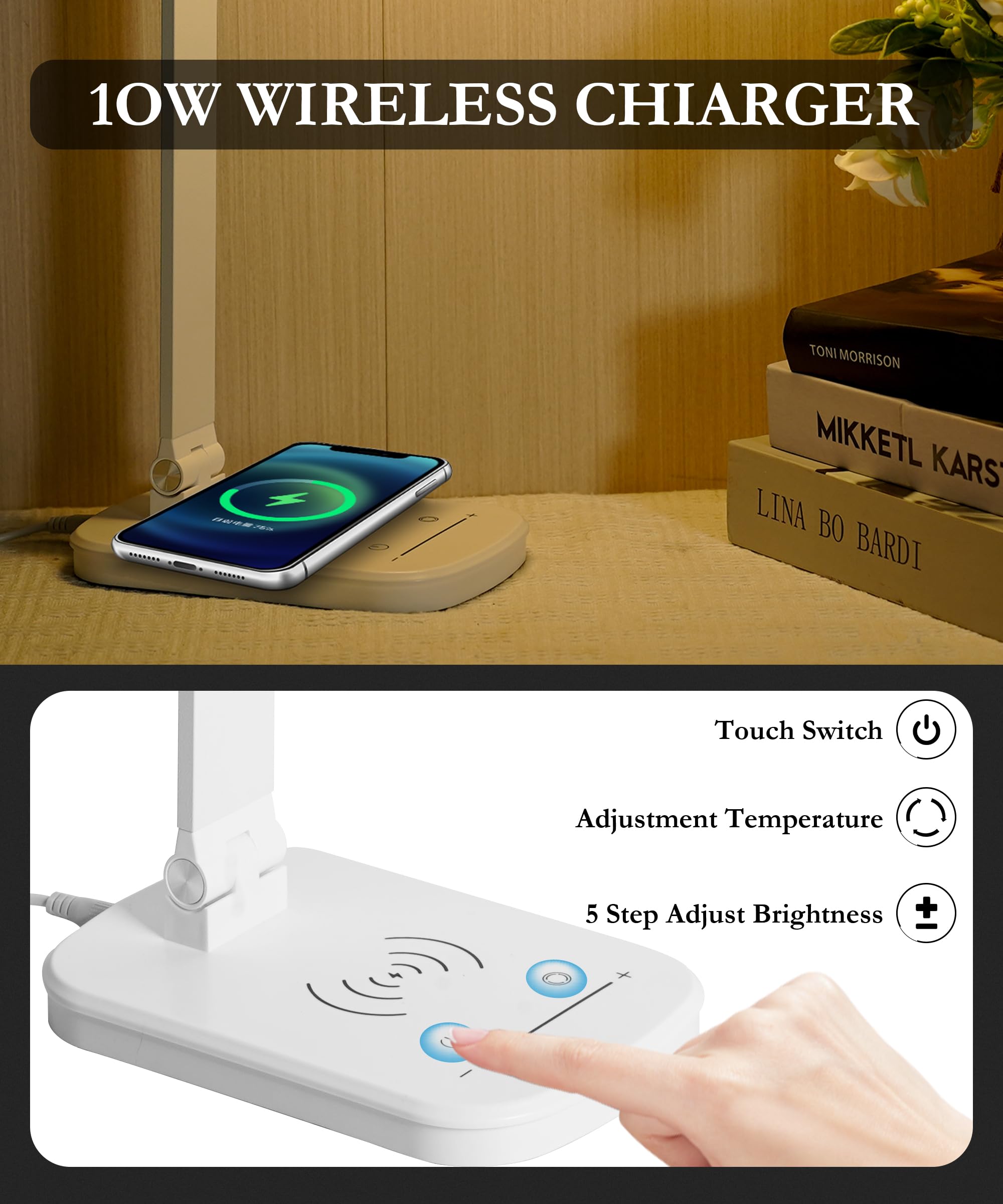 Faithorse Led Desk Lamp With Wireless Charger,21W Touch Control Dimmable Lamp,900Lm,5 Brightness And 3 Color Modes For Home Offi