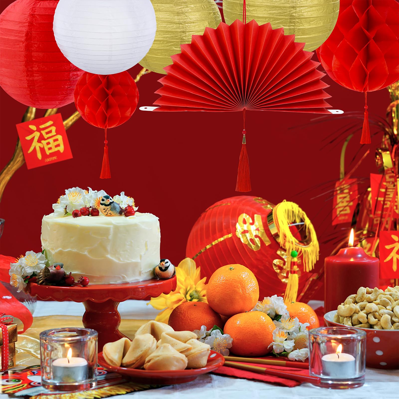 Winlyn 22 Pcs Chinese New Year Decorative Red Gold White Round Paper Lanterns Honeycomb Balls Paper Fans Oriental Hanging Party