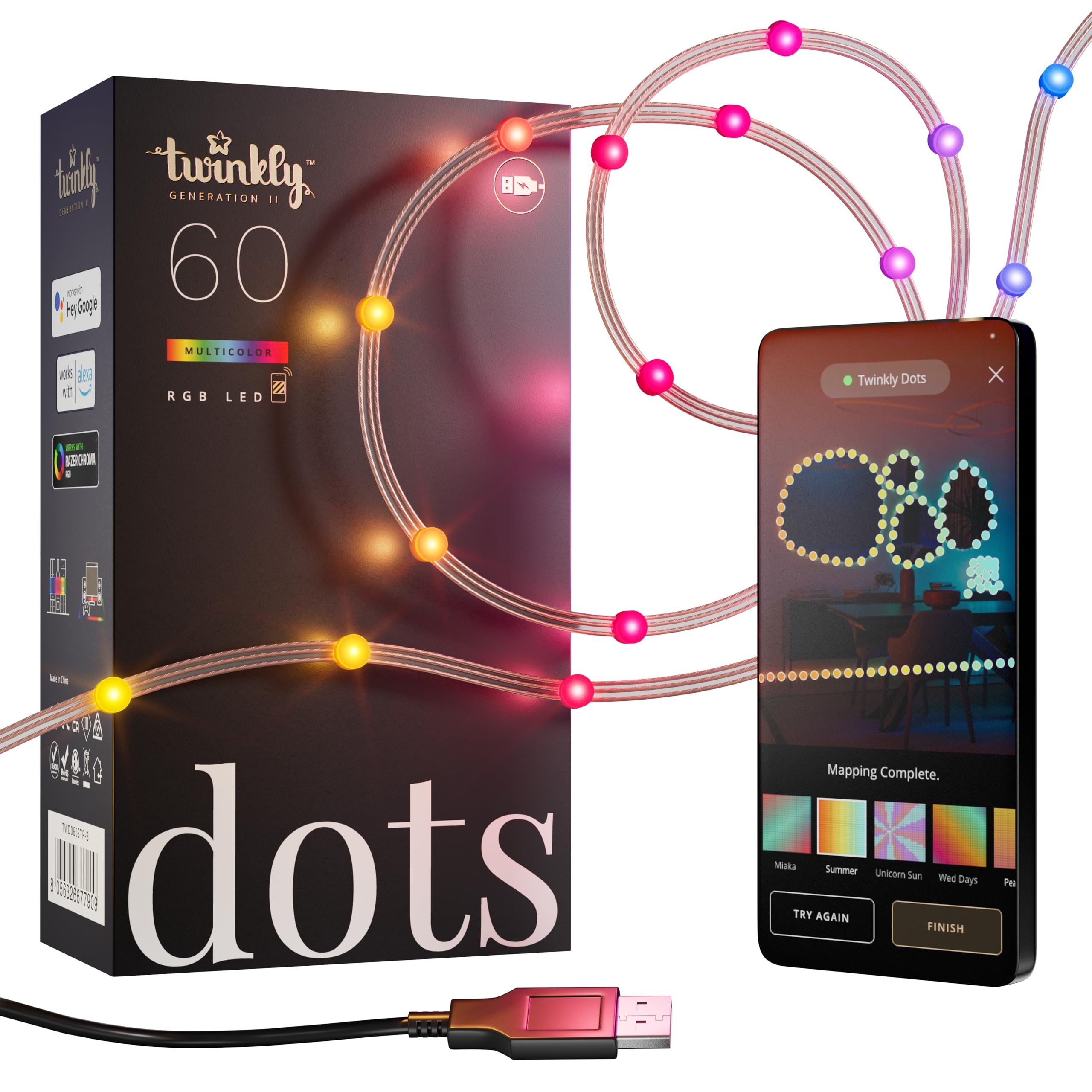 Twinkly Dots 10ft  Multicolor 60 LED Band  Flexible RGB LED Band  Compatible with HomeKit  Alexa and Google Home  Gaming  16 M+ Colors  USB Powered  App Control  Transparent Wire