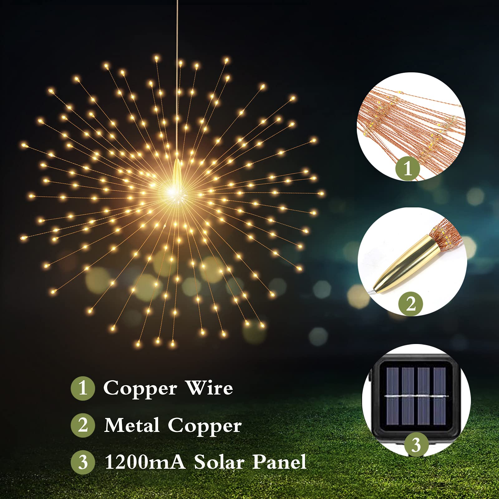 PXBNIUYA Solar Firework Lights, 200 LED Copper Wire, 8 Modes, Waterproof, Hanging Fairy Lights, Warm White, 1 Pack