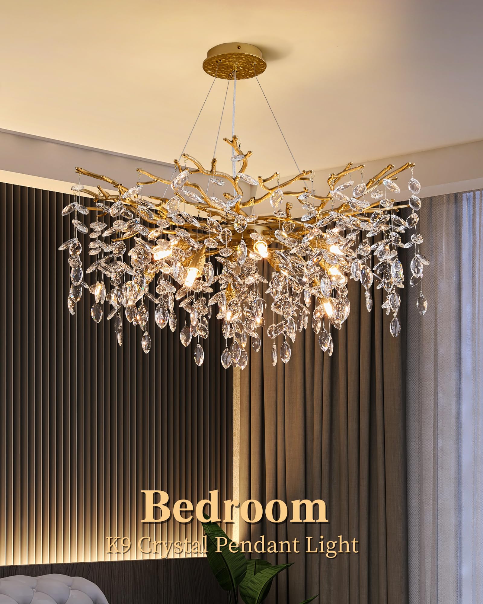 Modern Tree Branch Crystal Chandelier Luxury Gold Crystal Pendant Lighting 30'' Contemporary 10-Light Chandeliers For Dining Roo