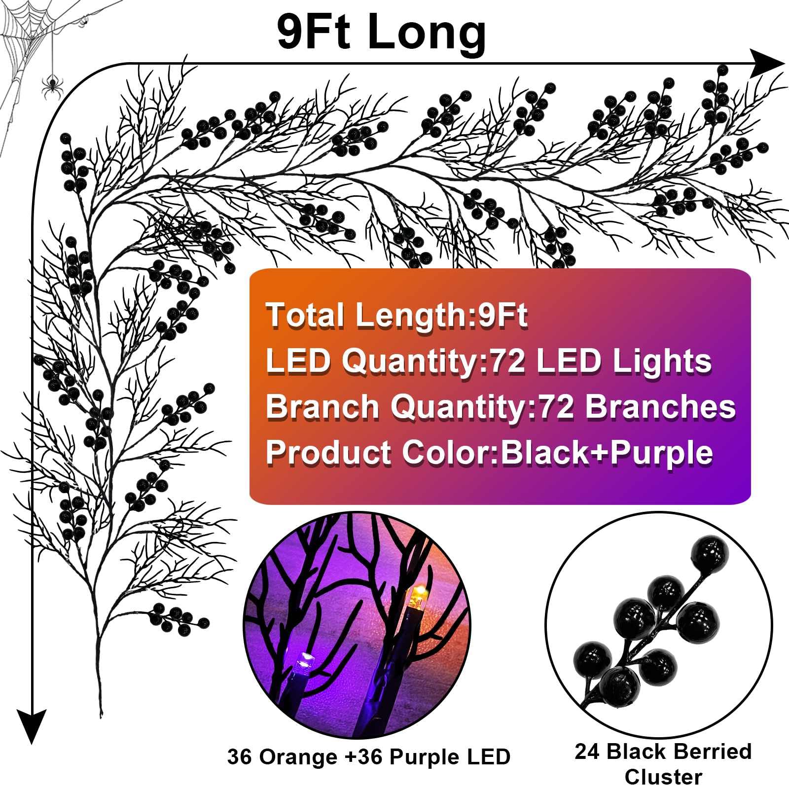 Turnmeon Extra Long 9 Ft 72 Led Orange & Purple Lights Halloween Garland Willow Vine Twig Decor Timer 8 Mode Remote Control Waterproof Battery Operated Halloween Decorations Indoor Home Wall Fireplace