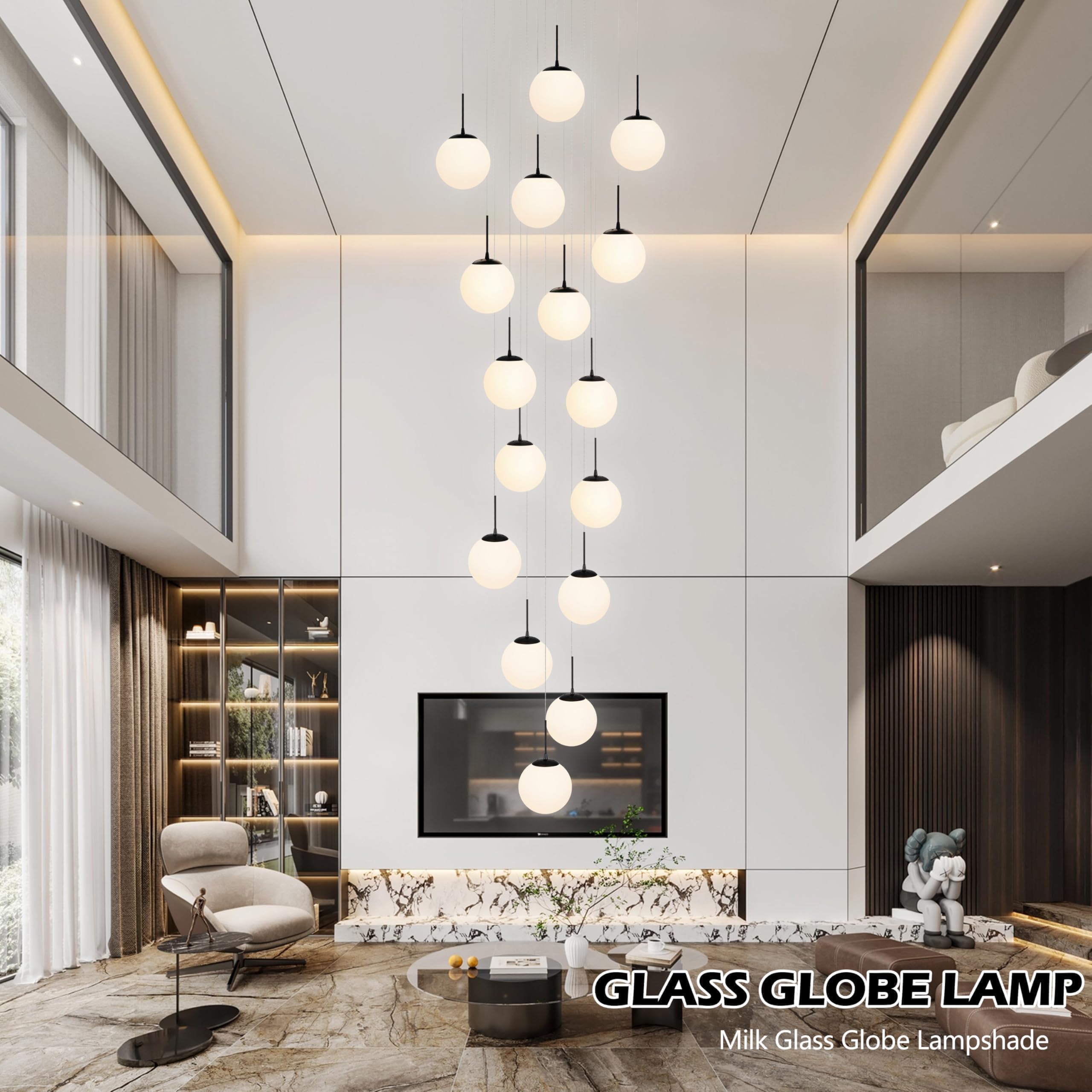 KoKo&Yukina 16-Light Black Mid Century Modern Chandelier, Opal Glass, D23.6", Model LT01-NH-16, Ideal for Living Room & Entryway