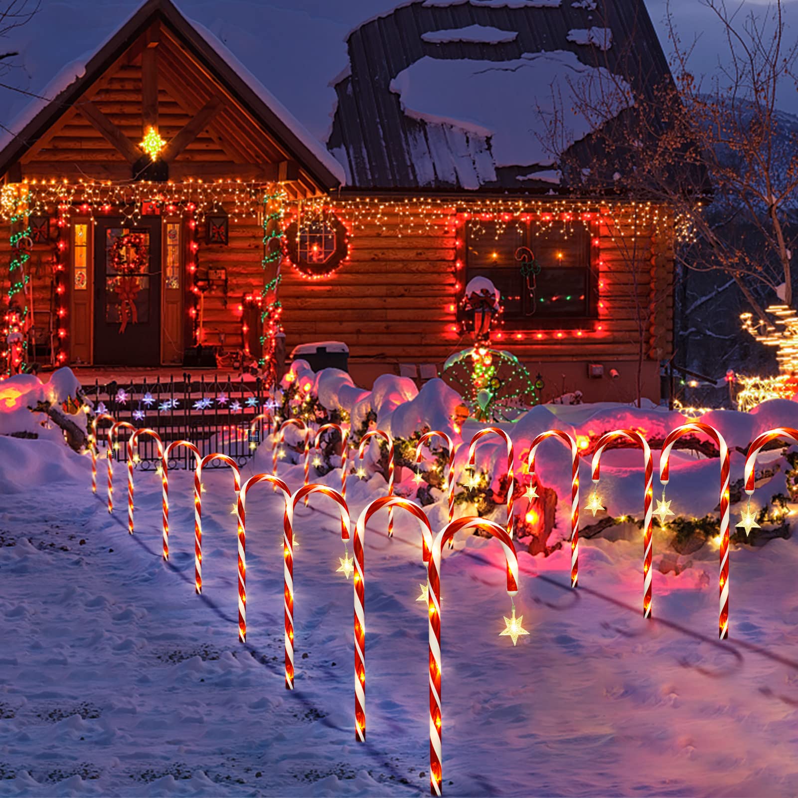 Bstge Christmas Candy Cane Lights, 10 Pcs, 21in  Solar Pathway Lights, Waterproof, White with Star, 8 Lighting Modes